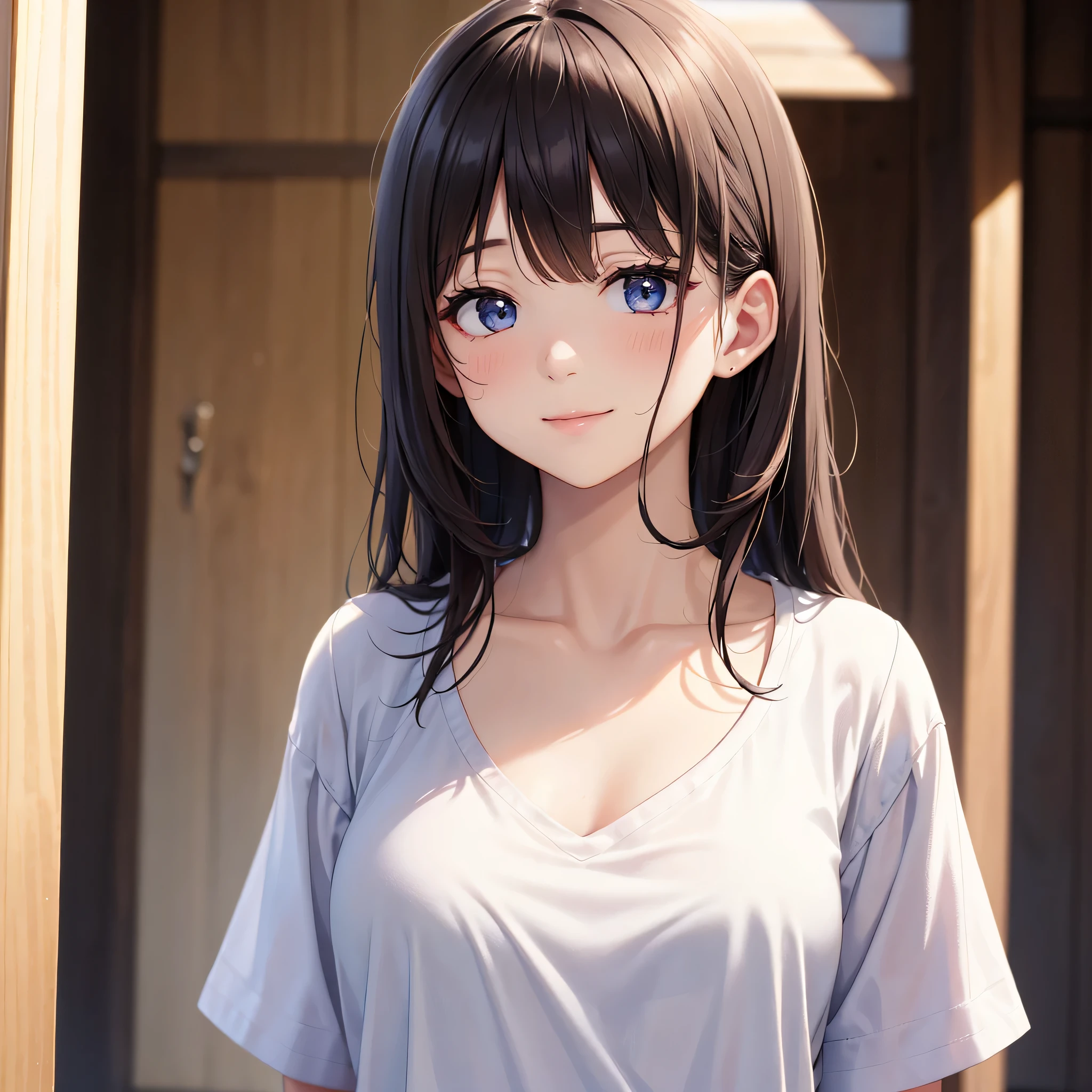 one beautiful woman、((highest quality、8K masterpiece:1.3))、sharp focus:1.2、(super beautiful face:1.0)、(shiny skin:1.0)、realistic pictures、black hair、video writing、High resolution eyes and face、video writing、japanese actress、from the front、Medium chest、shy smile、The beauty of slender abs、whole body、Kanji for Japan「kind」wearing a t-shirt、At the shrine