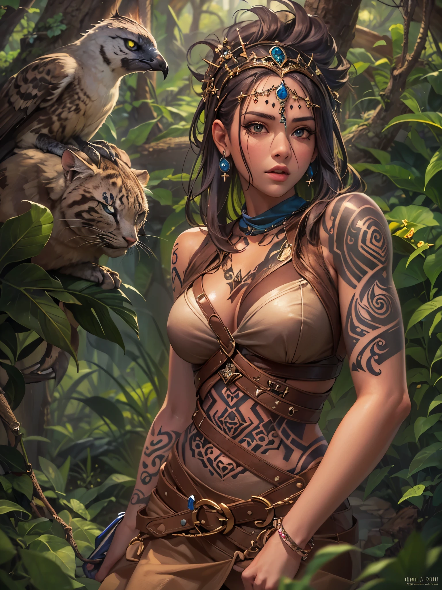 ((highest quality)),(ultra high resolution),(Super detailed),(detailed description),((best CG)),(best work of art),super precision art,great drawing art,(Fantasy art with precise details:1.5), (1 woman:1.6),beautiful and well-shaped face:1.6,(wedge shaped tattoo:1.7),muscle:1.6,Sandal Boots:1.5 Deepest part of the jungle:1.8,big colorful bird:1.6