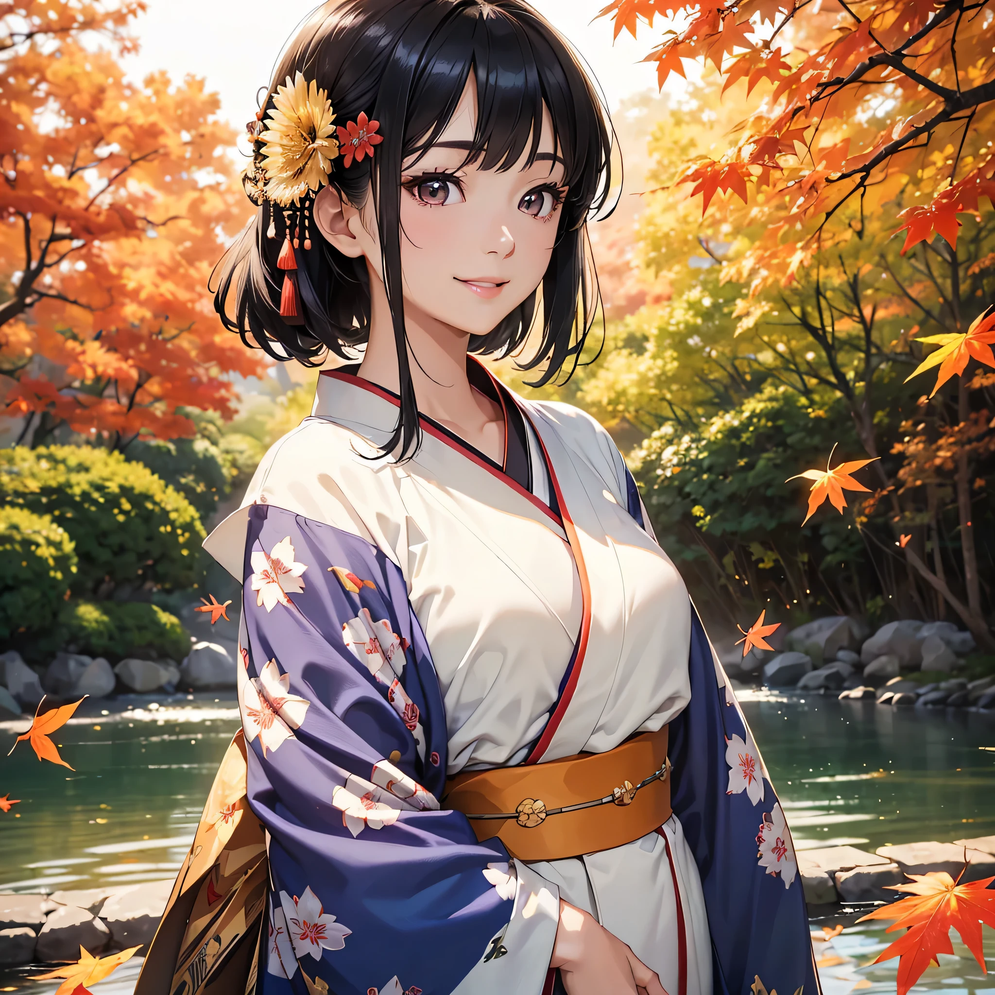 (Super beautiful woman in kimono)、((highest quality、8K masterpiece:1.3))、sharp focus:1.2、(super beautiful face:1.0)、(shiny skin:1.0)、realistic pictures、black haired、video writing、High resolution eyes and face、video writing、japanese actress、from the front、Medium chest、with a happy smile、wearing a kimono、under the autumn leaves、highest grade obi