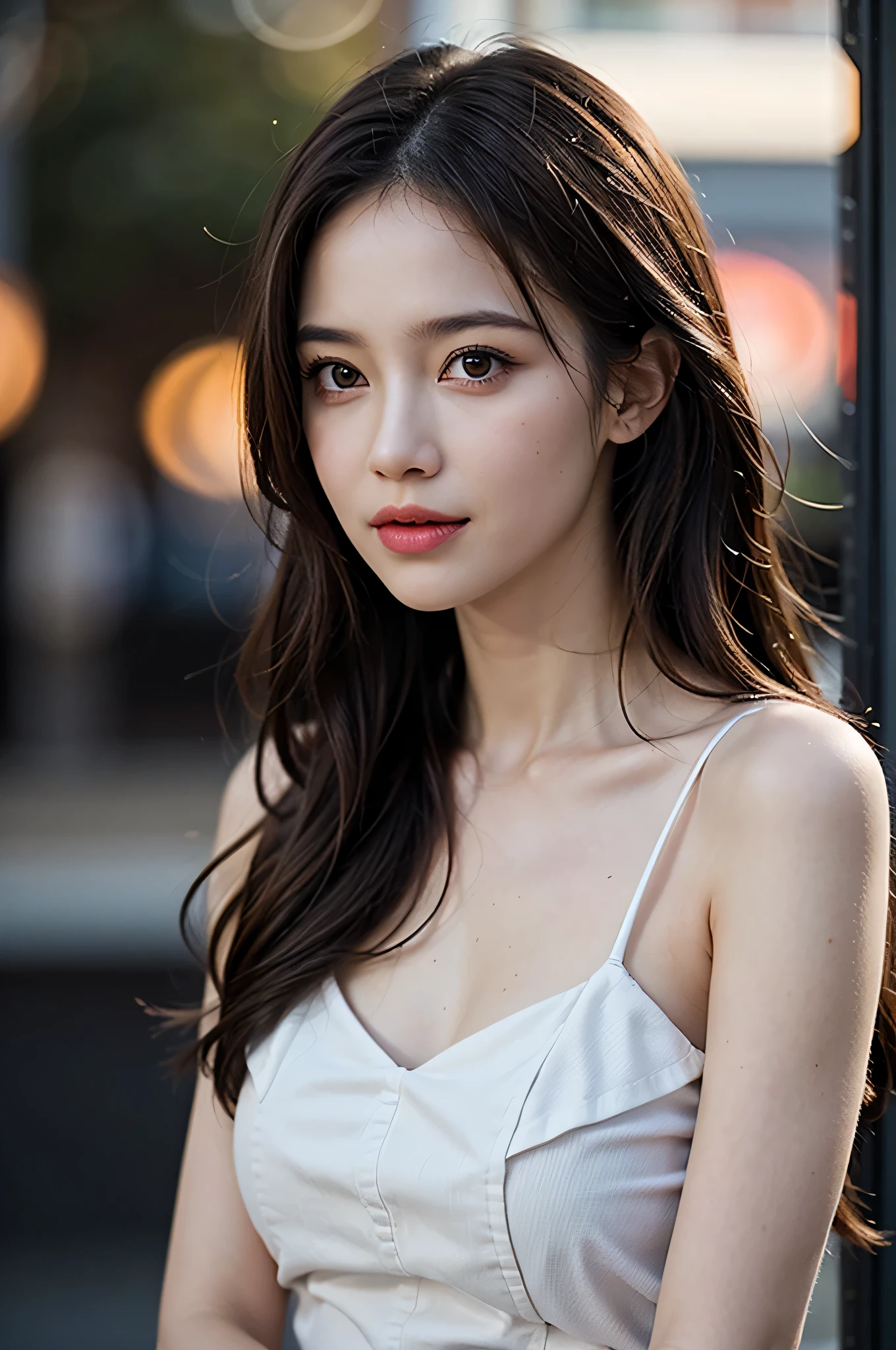 (best quality), (ultra-detailed), (llustration), (detailed light), (an extremely delicate and beautiful), 1young girl, brown hair, brown eyes, model, bare shoulders, best quality, extremely detailed CG unified 8k wallpaper, High-definition raw color photos, professional photograpy, (((Bokeh))), depth of fields, twilight, sunset,