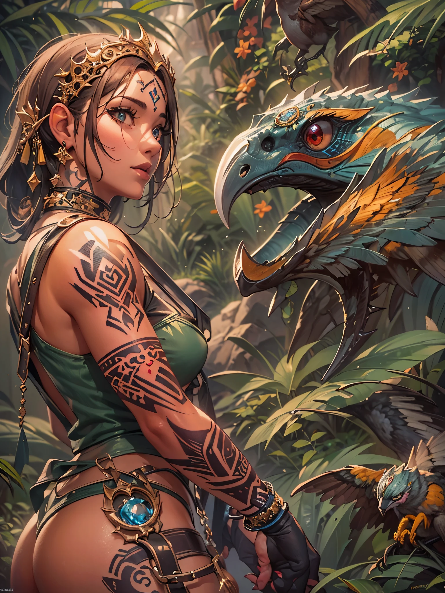 ((highest quality)),(ultra high resolution),(Super detailed),(detailed description),((best CG)),(best work of art),super precision art,great drawing art,(Fantasy art with precise details:1.5), (1 woman:1.6),beautiful and well-shaped face:1.6,(wedge shaped tattoo:1.7),muscle:1.6,Sandal Boots:1.5 Deepest part of the jungle:1.8,big colorful bird:1.6