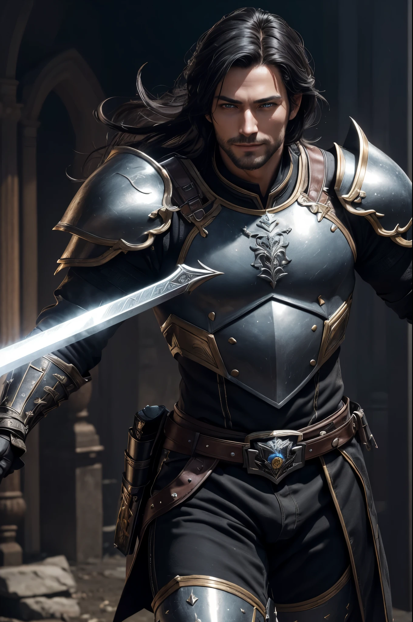 K,Photoreal,Raw photo(highest quality;1.4) ,(1 adult male),super handsome(lifelike face),black hair medium long,handsome prince with blue eyes,black and brown combat uniform,black and silver pants,Equipped with a long and large sword on the waist,Wearing black leather gloves,Remains,Gweitz style,realistic,exact details,unreal engine,beautiful expression,Details of each part,Super high resolution.超realistic,attractive,foot armor,skin that looks real,Fantasy Emperor.ultra high resolution,Super realistic,fantasy art,character art,wilderness,toothy smile,muscular and well-trained body,