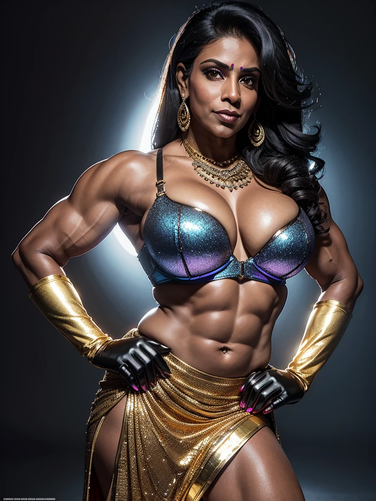 1female, a 50-year-old indian, ifbb, shiny gold skirt, dark skinned, sheer gloves, thick lips, iridescent bra