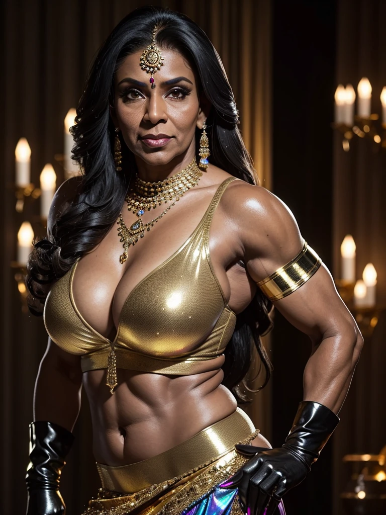 1female, a 50-year-old indian, ifbb, shiny gold skirt, dark skinned, sheer gloves, thick lips, iridescent bra
