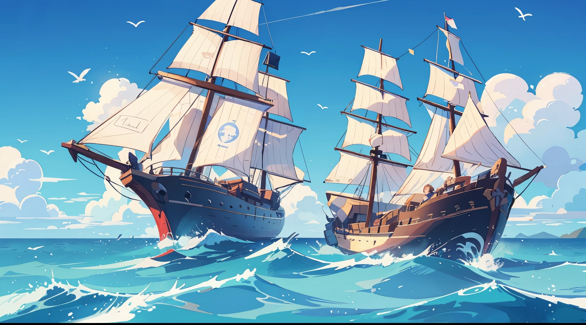 A girl posing cutely in front of a large sailing ship、Bokeh effect strong、Blue sky、cloud、Ocean