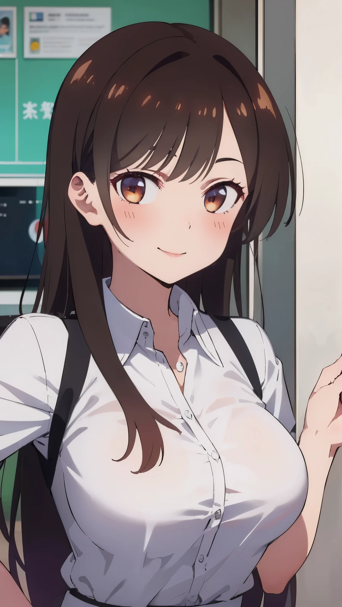 (((pixel-perfect, detail-perfect))), solo, 1girl, chizuru ichinose, big boobs, (white collared shirt :1.3), looking at viewer, smile, upper body: 1.0, standing