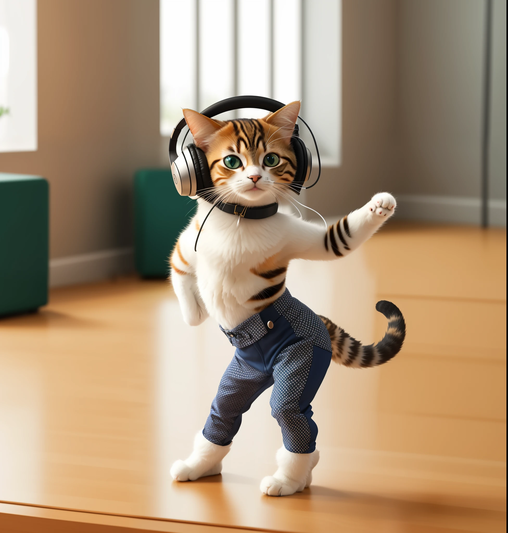 There is a cat dancing with headphones on, Lovely numbers, she is dancing. actual, Lovely numbers艺术, Beautiful digital artwork, in action pose, new cat, Lovely 3D rendering, he is dancing, meow, Amazing computer generated, Lovely and detailed digital art, muscular!, dancing figures, disney's bambi cat, lovely artwork, Strike a stylish pose