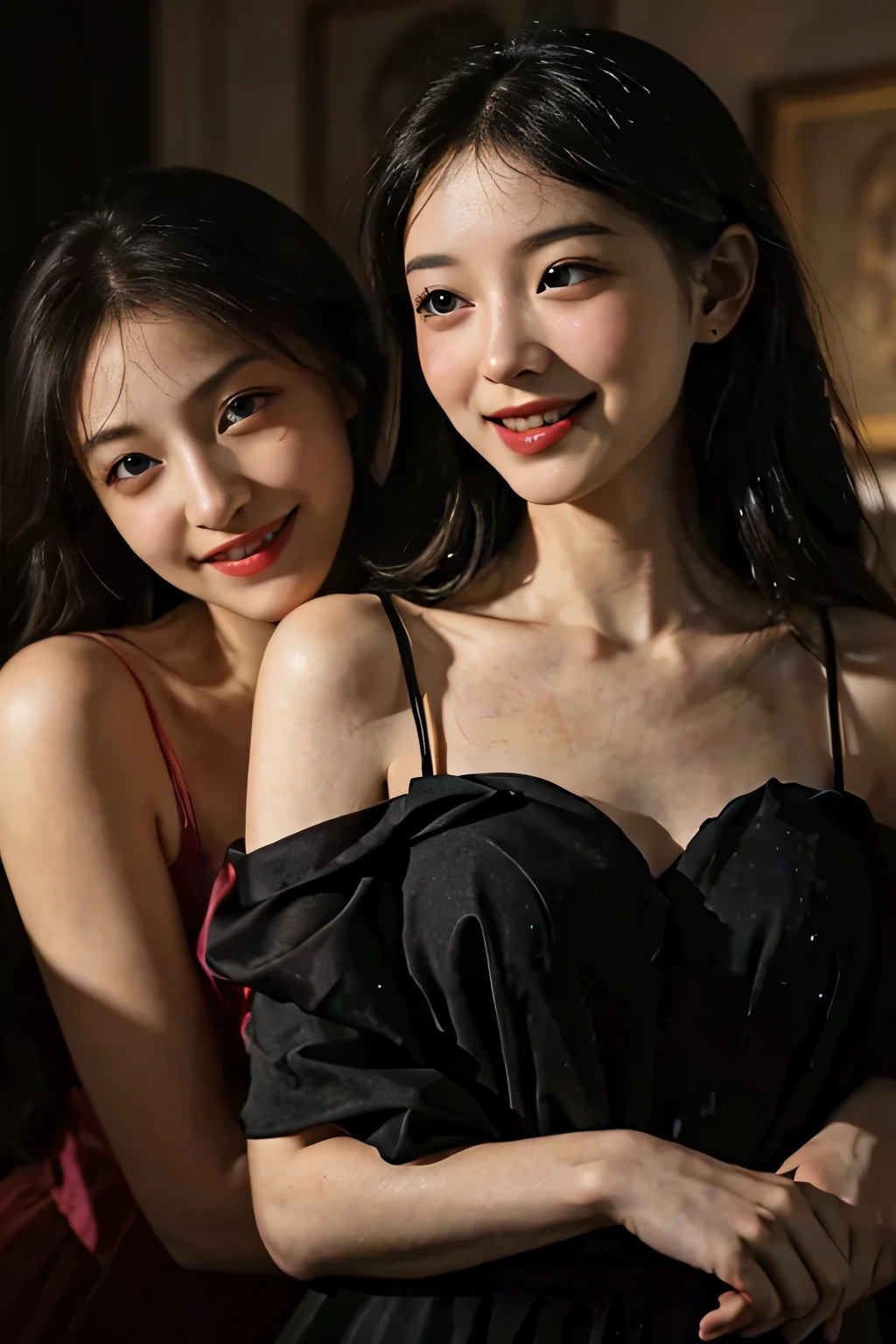 fruits,Grapes,Rosa,antique,A smile,,Sweet and seductive appearance.、Caravaggio's paintings、Chiaroscuro of Caravaggio,Two women frolicking,Cute smile, Expression of ecstasy