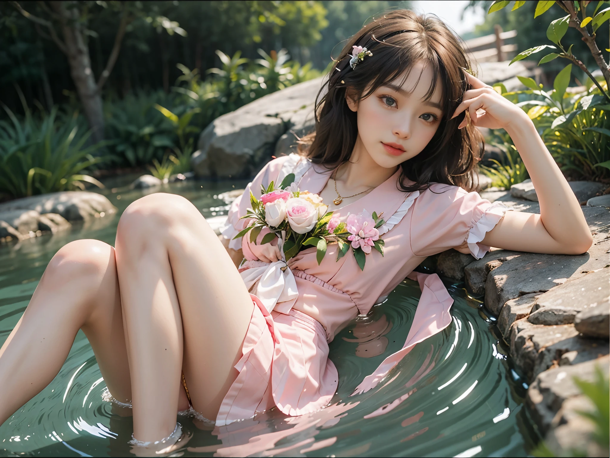 pleated skirt,pink skirt,pink sailor collar, ((full body)), ((Long-range shots)), beautiful legs, slender legs, Openair Onsen, Playing in the hot springs, lying down, lying in a hot spring, Soaked all over, (night, moonlight), (top quality, 8k, masterpiece: 1.3), beautiful woman with perfect body: 1.4, dark brown hair, Wear a pendant, Highly detailed face and skin, delicate eyes, double eyelids, best quality, masterpiece, (lifelike: 1.4), a woman, golden ratio, perfect face, slim body, pretty face, bright smile, Gloss, emphasize, Gloss, Bangs, Refreshing charm, elegant, shining, elegant姿势, masterpiece, best quality, (fidelity, fidelity: 1.37), 8k, very delicate and beautiful, amazing, Exquisite details, ridiculous, File size is huge, Very detailed, beautiful and delicate woman, Very detailed eyes and face, 美丽delicate eyes, transparent double, big eyes, There is light on the face, a woman, (perfect female figure), thin waist, Feminine Expressions, overwhelming charm, Gloss on skin, Gloss on face, Gloss on chest