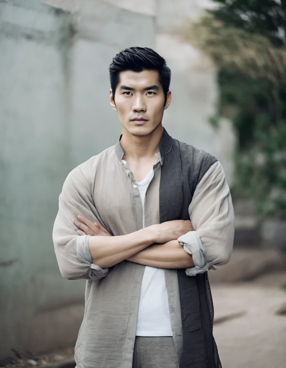 face completely transparent、Portrait of Asian man with thick black hair,toned body,no beard,no beard,Chinese actor Hu Ge
