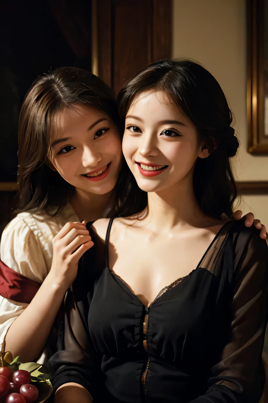 fruits,Grapes,Rosa,antique,A smile,,Sweet and seductive appearance.、Caravaggio's paintings、Chiaroscuro of Caravaggio,Two women frolicking,Cute smile, Expression of ecstasy