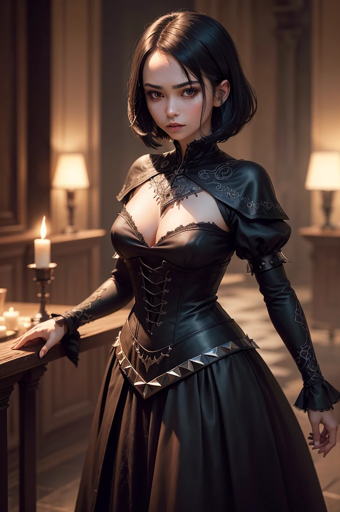 (high quality: 1.3), cinematic shots, masterpiece, (sharp focus: 1.5), (realistic: 1.3), medium portrait (Beautiful young vampire woman, white skin, gothic, Still proud and fierce, Straight Black Short Bob Hair, dark look, Dressed in a highly detailed dark tunic, dark atmosphere, but、Engrave shapes with a sharp chiaroscuro), It&#39;s night, (highly detailed skin), (detailed face),  detailed background, dark lighting, Twilight Lighting, volume lighting, intricate details, UHD,