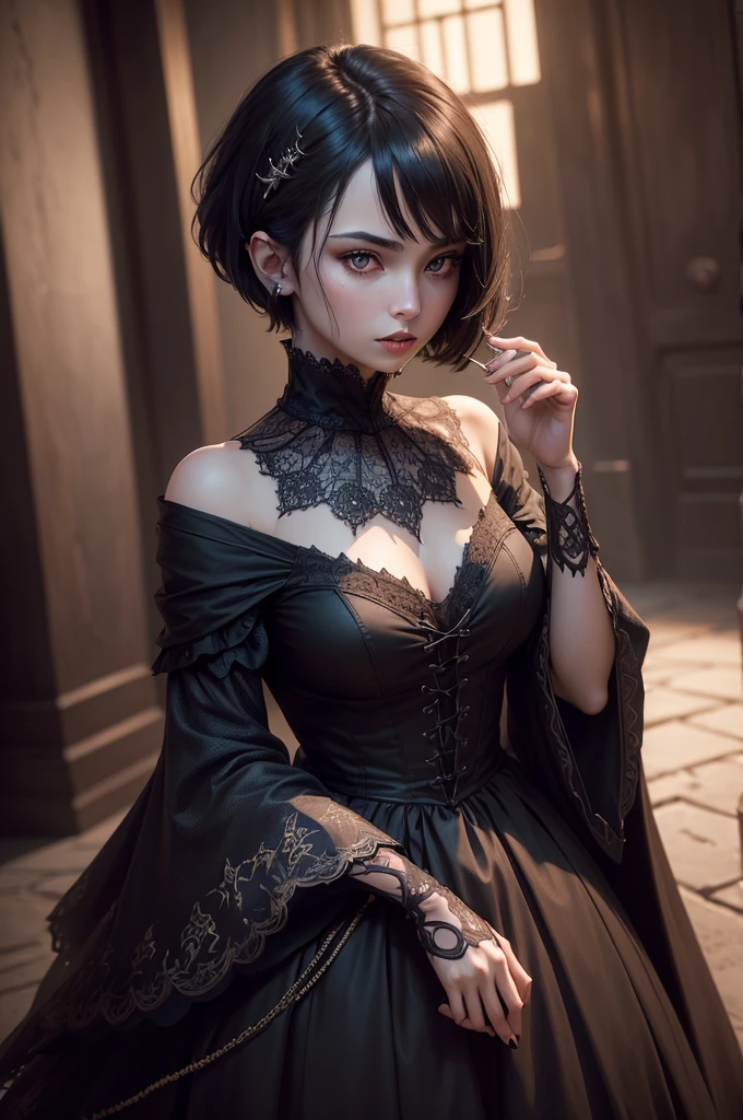 vampire woman, Victorian dress, absurdres, RAW photo, extremely delicate and beautiful, masterpiece, Best Quality, ultra high resolution, 32k, hyperrealistic, ultra-detailed, detailed description, pale skin, 20 years old, tearful mole, earring, big breasts, short medium hair, wavy hair, full body shot,