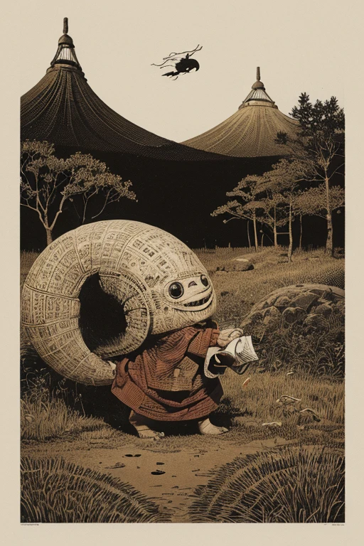 (((jumpscare))), Outline warm color, ((festival)), ((Chojugiga)), ((Shihon Bokuga)), antique, (anthropomorphism), (Sumi-e), Monochrome art, (Old paper style illustration), (hunting paintingural style, Little monster, old performance, variational pointillism, flat illustration, eerie, horror elements, eerie worldview, (primitive art), Outline warm color, old picture scroll style, old staging, Ancient mural style