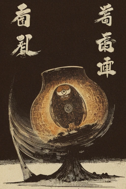 (((jumpscare))), Outline warm color, ((festival)), ((Chojugiga)), ((Shihon Bokuga)), antique, (anthropomorphism), (Sumi-e), Monochrome art, (Old paper style illustration), (hunting paintingural style, Little monster, old performance, variational pointillism, flat illustration, eerie, horror elements, eerie worldview, (primitive art), Outline warm color, old picture scroll style, old staging, Ancient mural style