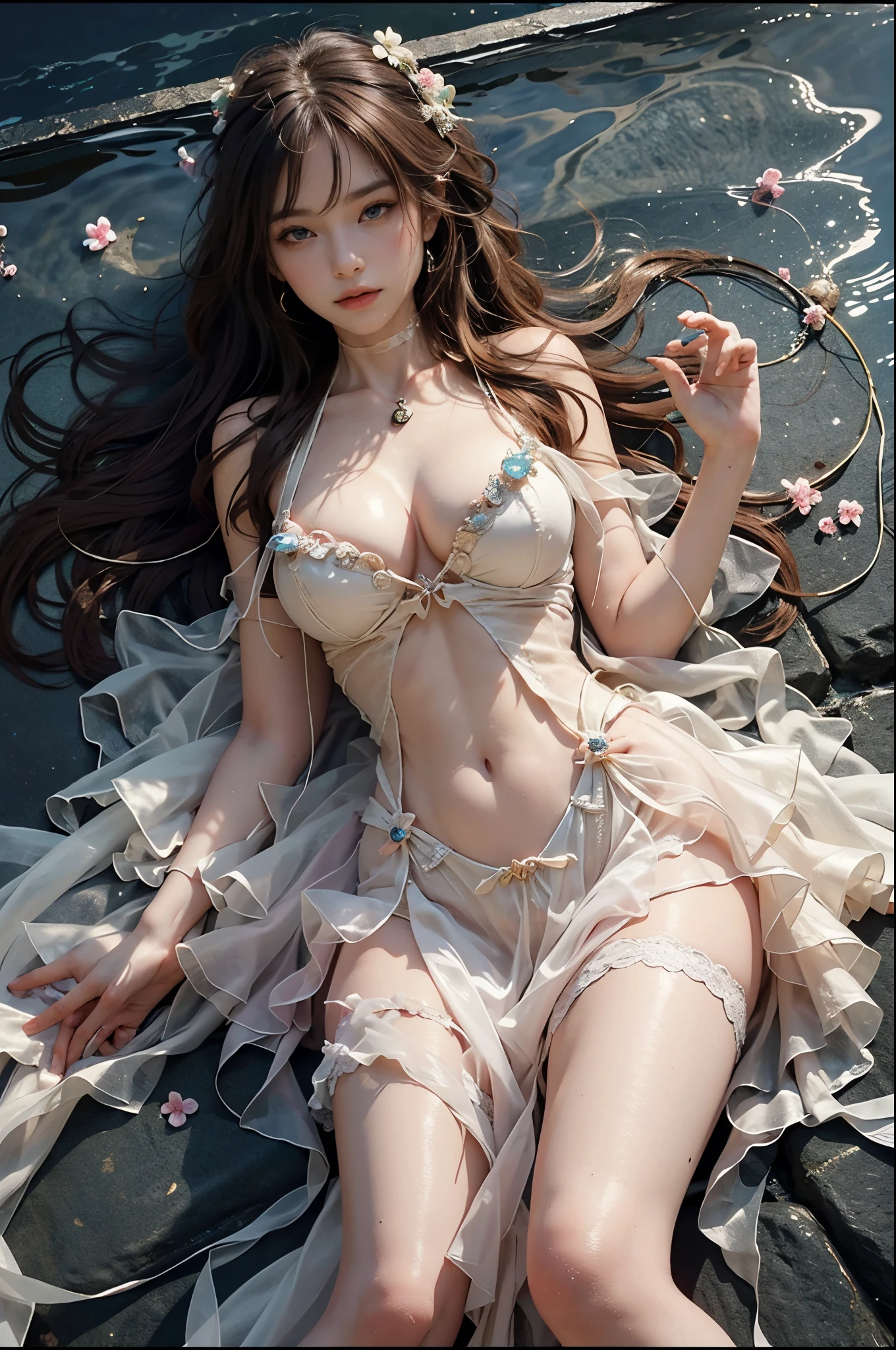 Romantic Rosette dress2,  ((full body)), ((Long-range shots)), beautiful legs, slender legs, Openair Onsen, Playing in the hot springs, lying down, lying in a hot spring, Soaked all over, (night, moonlight), (top quality, 8k, masterpiece: 1.3), beautiful woman with perfect body: 1.4, dark brown hair, Wear a pendant, Highly detailed face and skin, delicate eyes, double eyelids, best quality, masterpiece, (lifelike: 1.4), a woman, golden ratio, perfect face, slim body, pretty face, bright smile, Gloss, emphasize, Gloss, Bangs, Refreshing charm, elegant, shining, elegant姿势, masterpiece, best quality, (fidelity, fidelity: 1.37), 8k, very delicate and beautiful, amazing, Exquisite details, ridiculous, File size is huge, Very detailed, beautiful and delicate woman, Very detailed eyes and face, 美丽delicate eyes, transparent double, big eyes, There is light on the face, a woman, (perfect female figure), thin waist, Feminine Expressions, overwhelming charm, Gloss on skin, Gloss on face, Gloss on chest