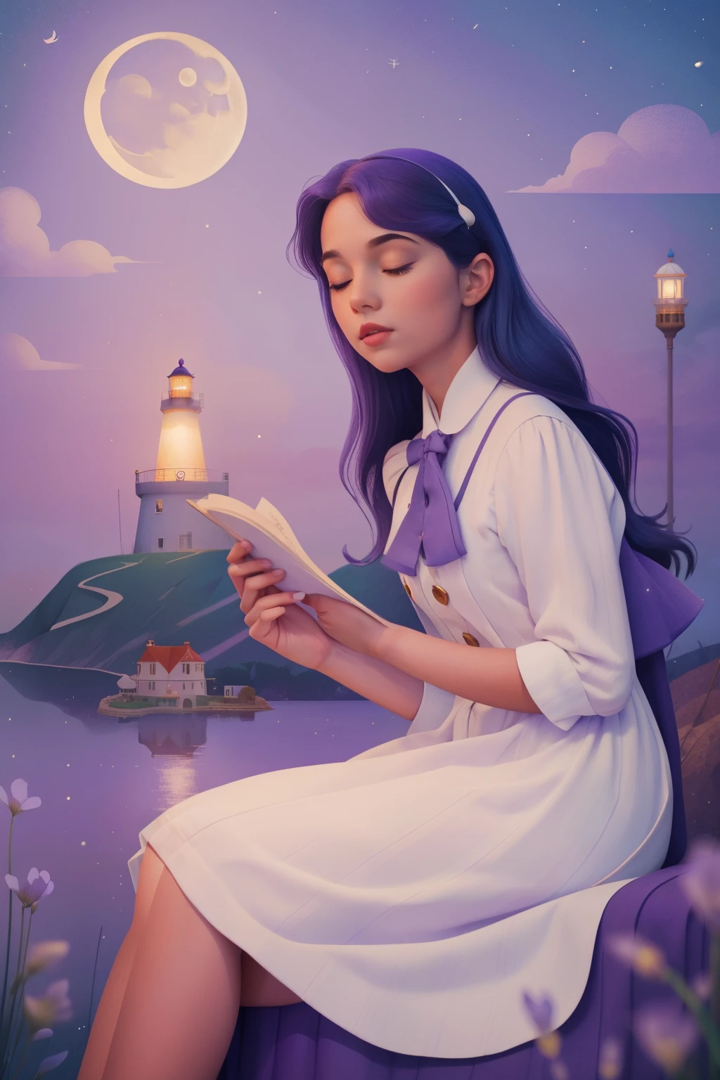 1900s Lavender Lighthouse Moonlight Serenade (Location: Lavender Lighthouse)
Character: A musical teen, with a moonlit serenade, performs by the lavender lighthouse during the 1900s. Wes Anderson's lighthouse palette paints a scene of tranquil melodies under the moonlight.