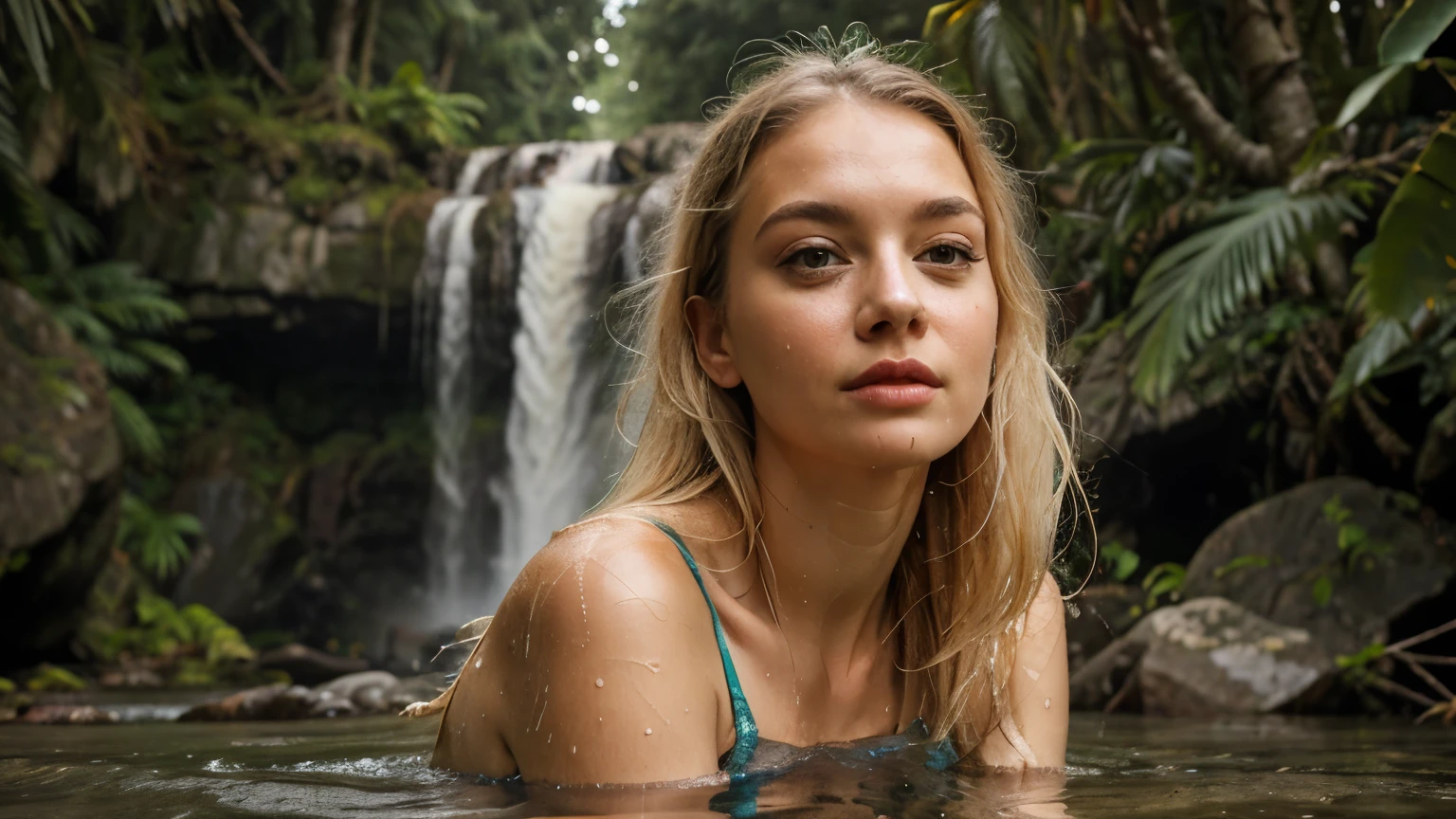 portrait of a swedish nude woman, 21 years old. sunburnt pale ivory skin, long light platinum hair, wavy at the height of the back, azure eyes, fluffy turned, ((big cheeks)), bathing in the natural, ((naked)) in a deep river and transparent waters, only with the head and neck out of the water, between reeds, (backlit), realistic, masterpiece, high quality, brightness, shadow, flower, [[chromatic aberration]], by Jeremy Lipking, by Antonio J. Manzanedo, digital painting, swedish, 8k uhd,, forest, stones on the bank, river, wood, smoke, shadows, contrast, clear sky, style, (warm hue, warm tone)