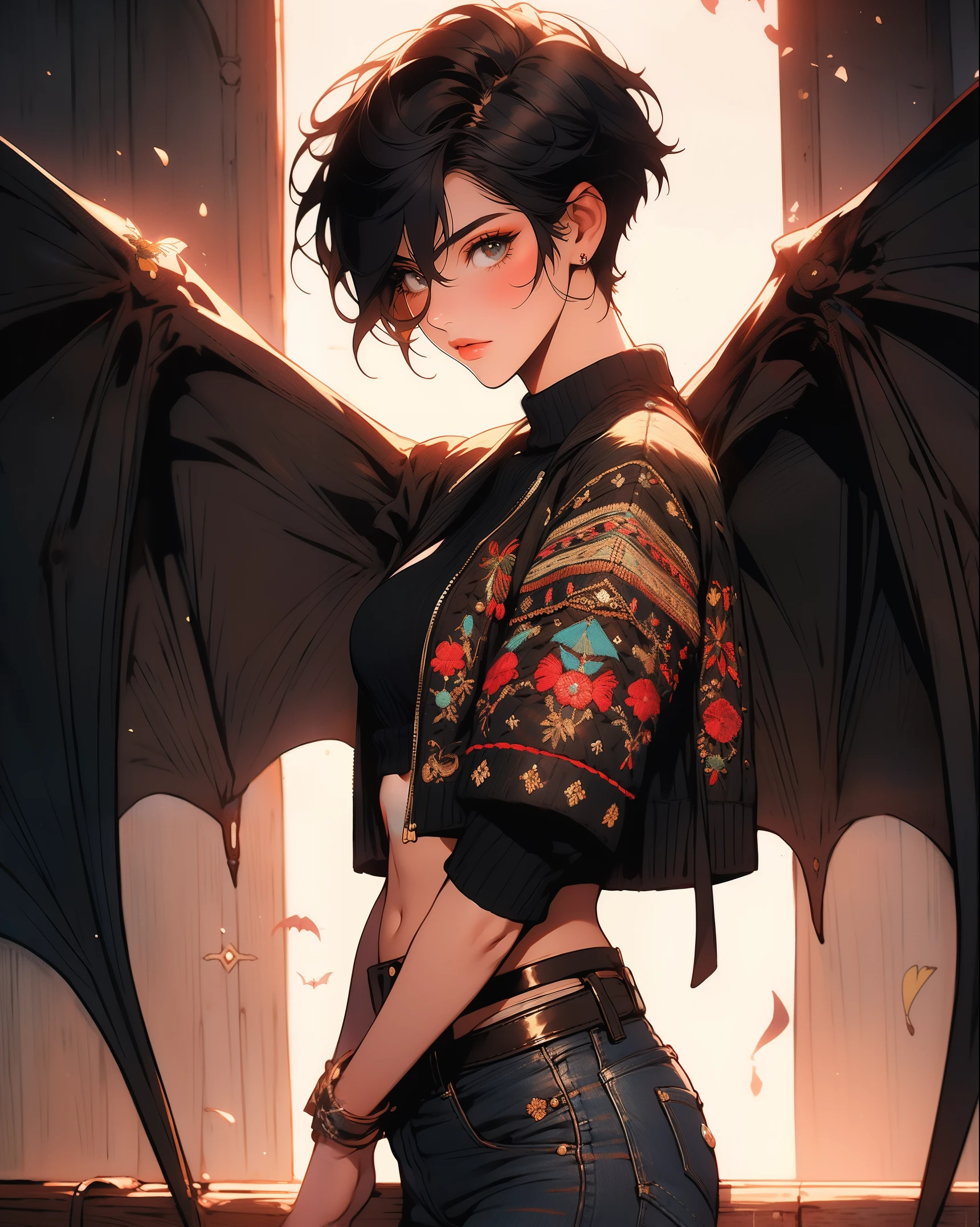 masterpiece, high quality,1girl,solo,middle breast , short hair, (hair between eyes),(00BFFE pixie cut), Bat wings, Disappointed face,(Embroidered sweater, Cropped flare jeans, Leather blazer)