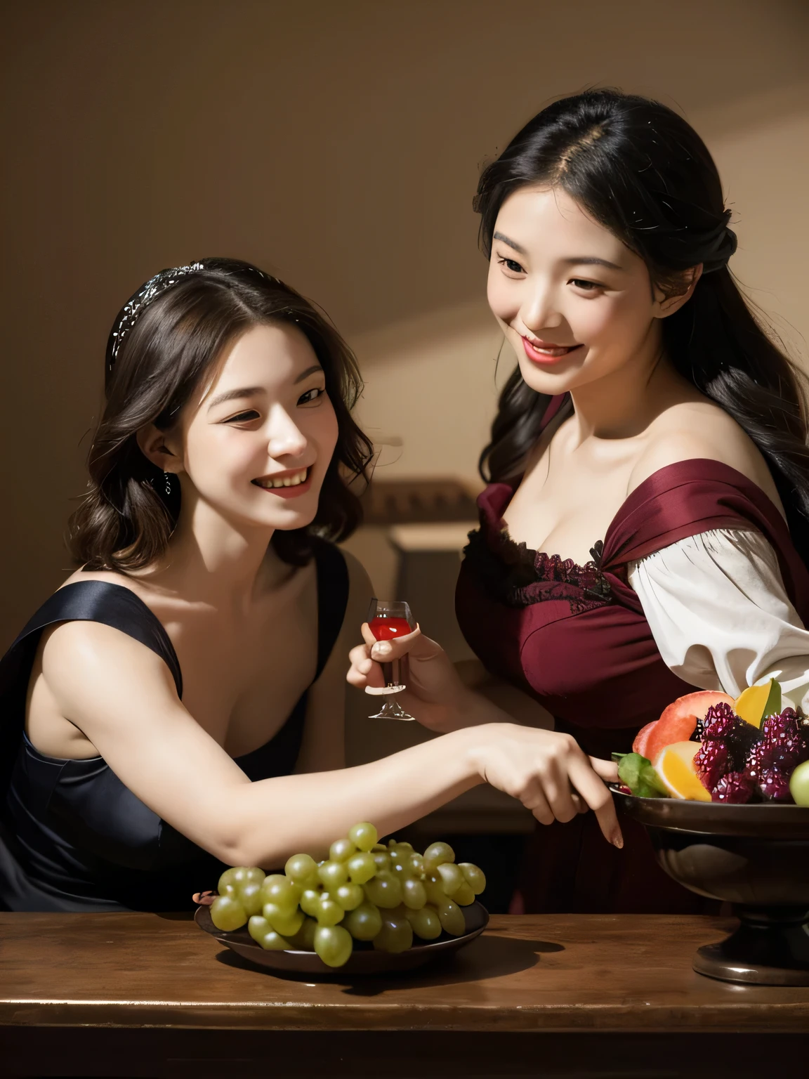 full body portrait ,fruits,grapes,rosa,antique,laughter,,sweet and enchanting appearance.、caravaggioの絵画、caravaggio&#39;chiaroscuro,Two women having fun,cute smile, expression of ecstasy
