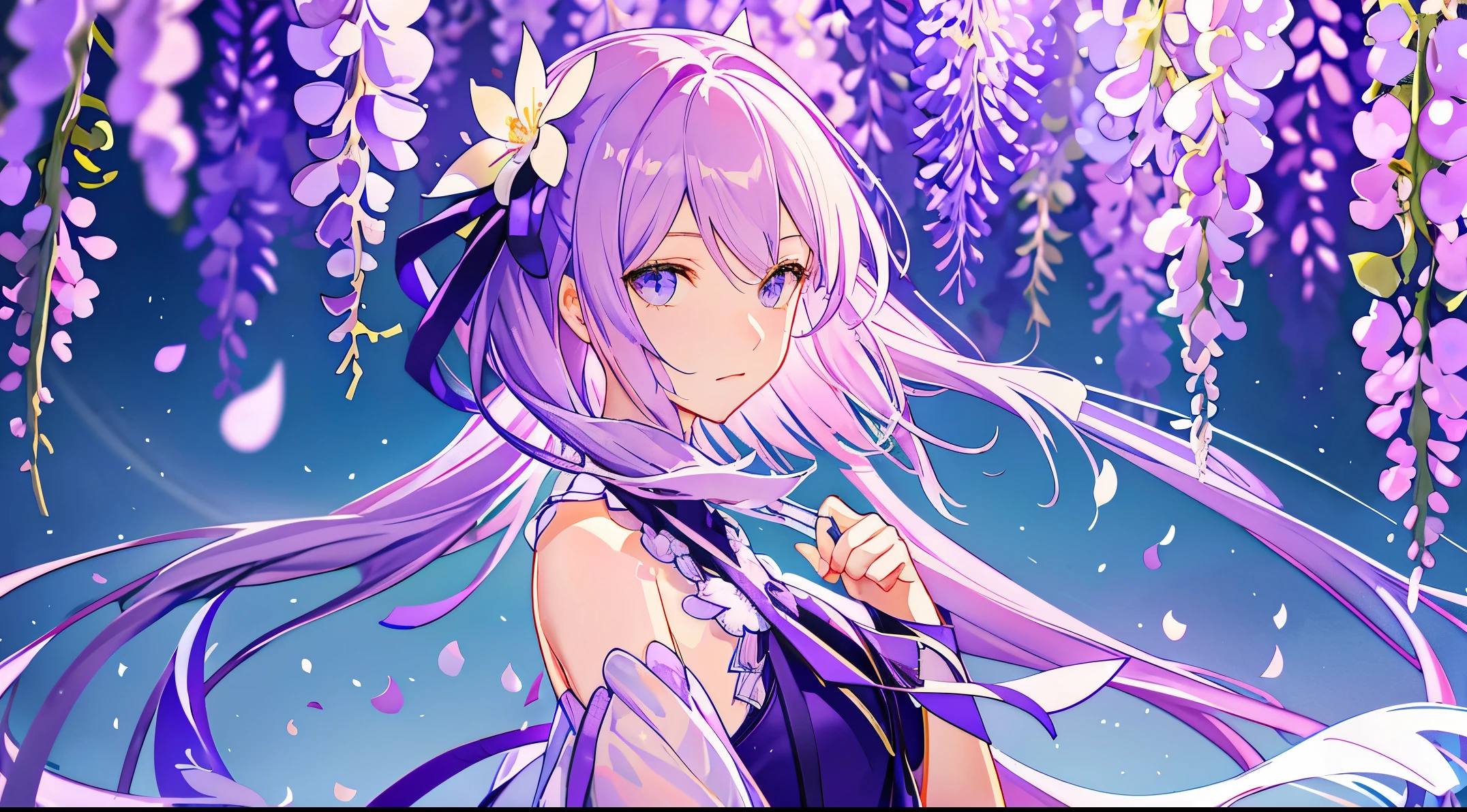 Wallpaper, wisteria, wisteria tree, wisteria petal, wisteria tree, whole wisteria tree, wind blowing, light with pink gradation background, HD Detail, Ultra Detail, Film, Hyper Realism, Soft Light, Deep Field Focus Bokeh, Ray Tracing, Diffuse (extra fine glass reflections). --v6