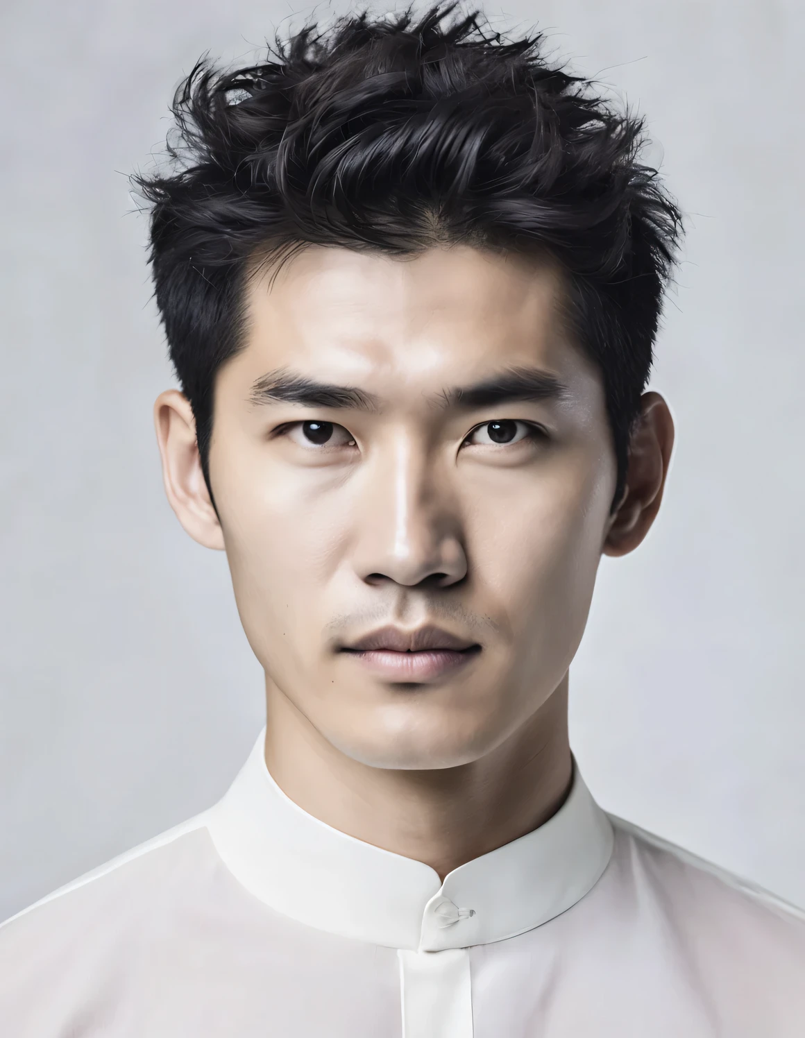 Head portrait of Asian man with completely transparent face and black curly hair，toned body，no beard，no beard，Chinese actor Hu Ge