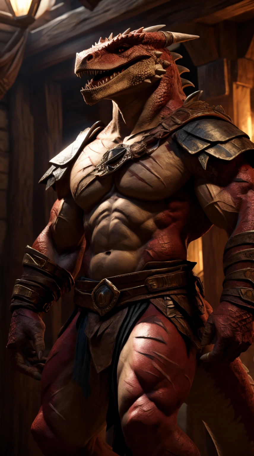 A lizard man, raptor like legs, thick long tail, scars on arms, smooth body, proporcional body, abs, toned, light belly, illustration, (best quality, 4k, highres, masterpiece:1.2), ultra-detailed, realistic,sharp focus, vivid colors, warm lighting, full body, barbarian armor, pauldrons, open wide chest, light armored, crimson scales on body, tavern background, full body