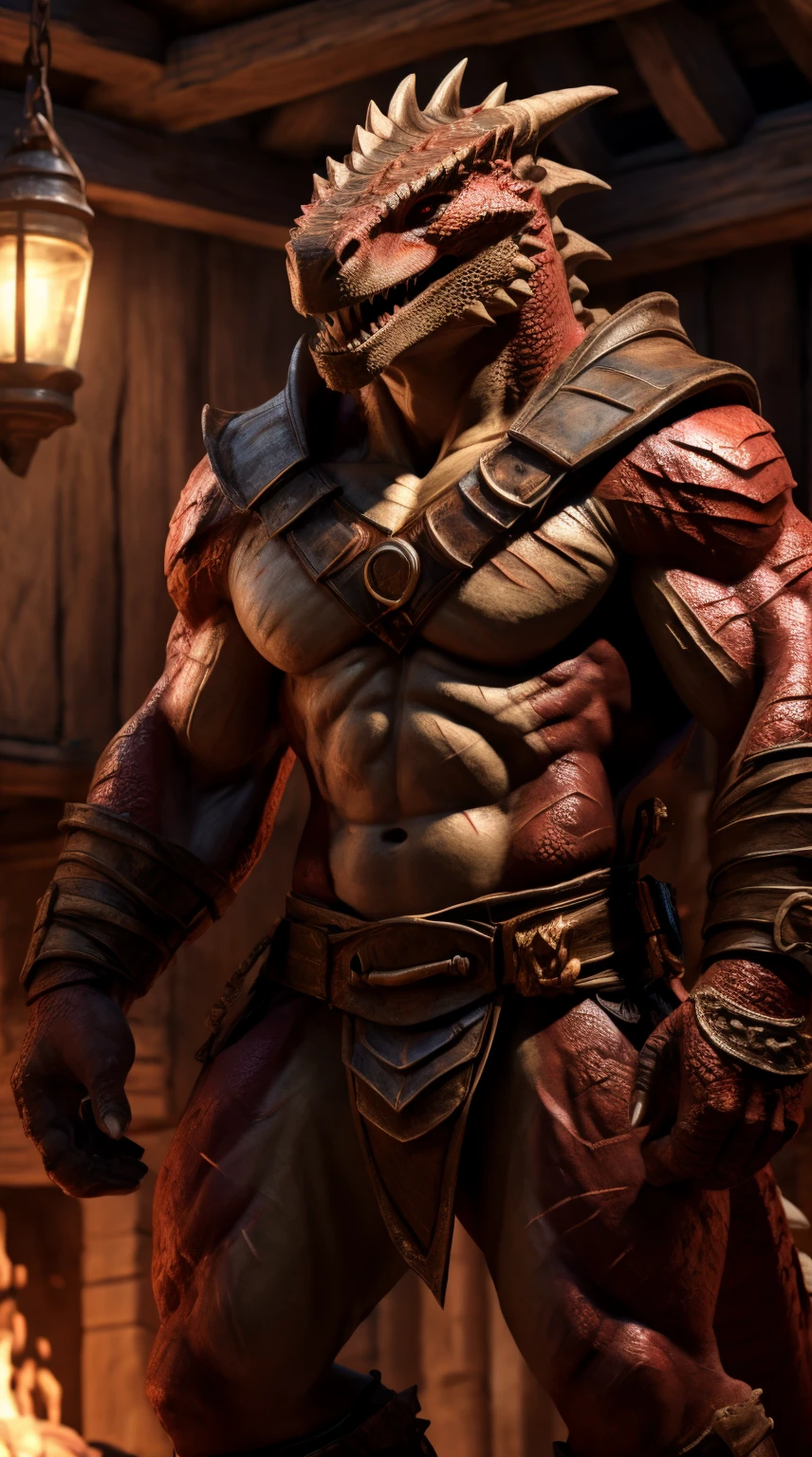 A lizard man, raptor like legs, thick long tail, scars on arms, smooth body, proporcional body, abs, toned, light belly, illustration, (best quality, 4k, highres, masterpiece:1.2), ultra-detailed, realistic,sharp focus, vivid colors, warm lighting, full body, barbarian armor, pauldrons, open wide chest, light armored, crimson scales on body, tavern background, full body