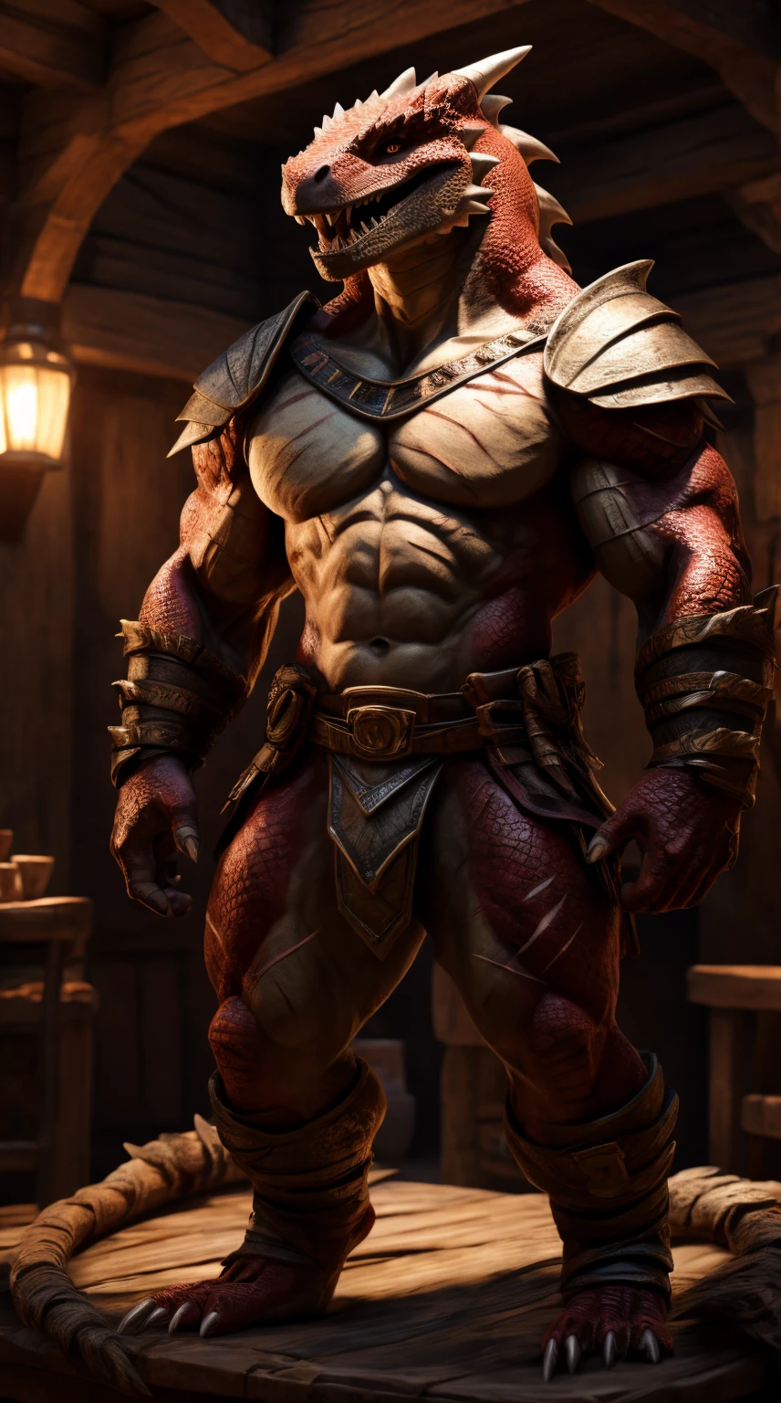 A lizard man, raptor like legs, thick long tail, scars on arms, smooth body, proporcional body, abs, toned, light belly, illustration, (best quality, 4k, highres, masterpiece:1.2), ultra-detailed, realistic,sharp focus, vivid colors, warm lighting, full body, barbarian armor, pauldrons, open wide chest, light armored, crimson scales on body, tavern background, full body
