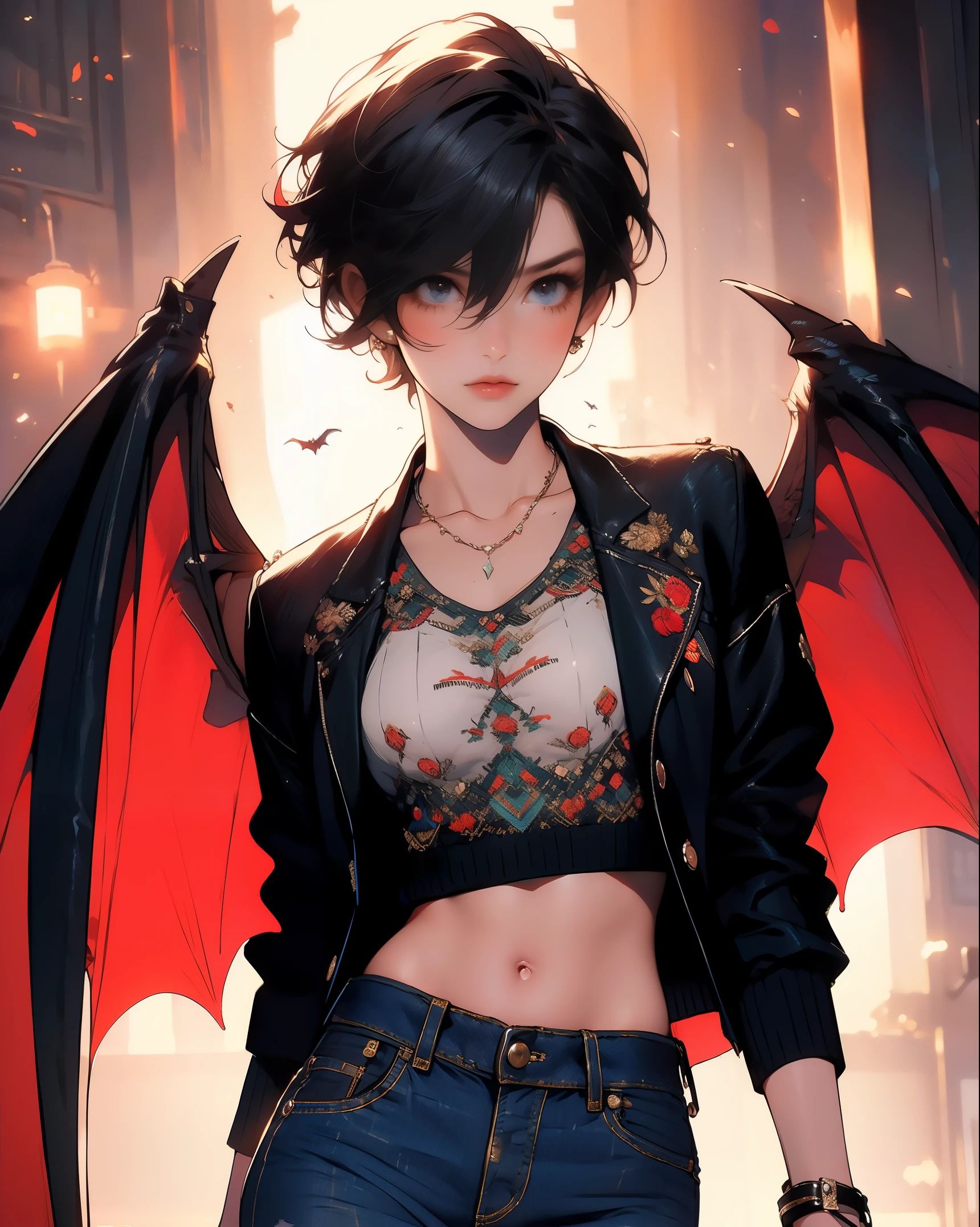 masterpiece, high quality,1girl,solo,middle  , short hair, (hair between eyes),(00BFFE pixie cut), Bat wings, Disappointed face,(Embroidered sweater, Cropped flare jeans, Leather blazer)