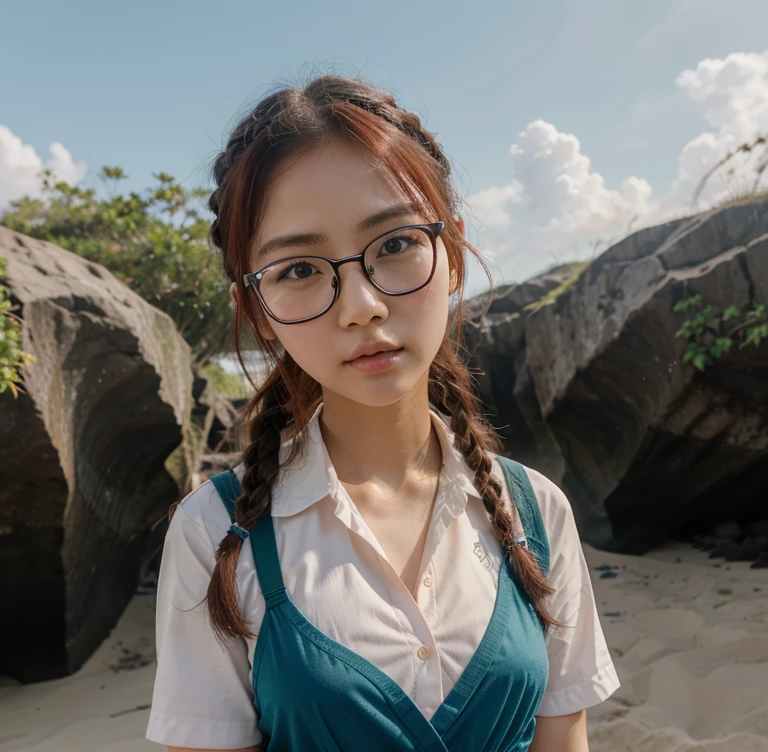 Korean Asian woman wearing glasses,beach, have glasses, Korean girl, แว่นตาthick, 18 years old., 22 years old, thick, 21 years old, beautiful Asian girl, Asian girl, เด็กสาวและcute, have glasses on, phenomenon, cute, big glass, สาวแมวcuteมาก...,School uniformญี่ปุ่น,braid,red hair,smooth,sea,beach,sand,น้ำsea,School uniform,Bangs,