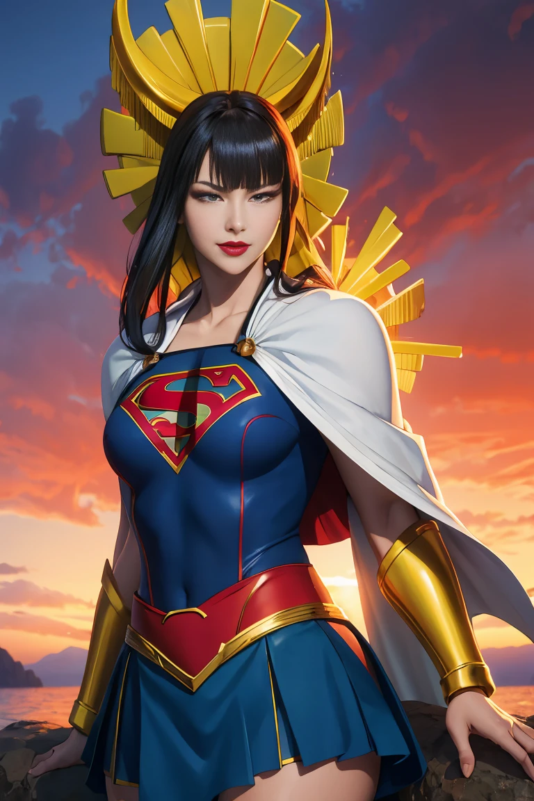 master part, best quality, SShutaraV4, 1girl, sozinho, olhos detalhado, leve sorriso, cabelos longos, franja, blunt franja, cabelo sidelocklack eyelack:1.4), seios enormes, maquiagem, batom, red batom, Supergirl, red cape, S do super-homem no peito, blue swimsuit, Red skirt, botas vermelhas, Sunset, ao ar livre, mar, water, areia, anime coloring,realismo, master part, pele texturizada, Super Detalhe, High detail, alta qualidade, melhor qualidade, 1080P, 16k, realista, 8k, Cinema 4D, Artgerm extremamente detalhado, [ Arte Digital 4K ]