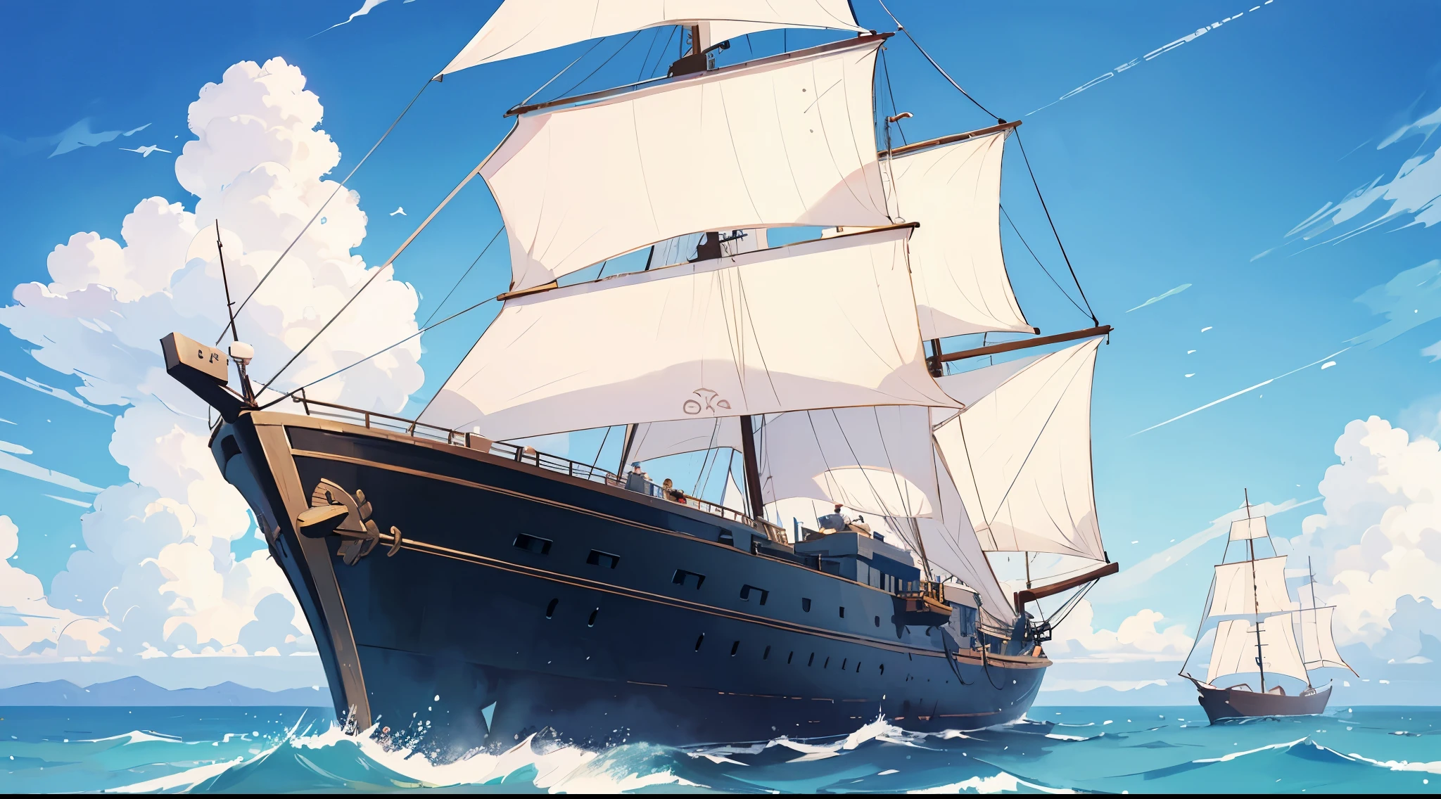 A girl posing cutely in front of a large sailing ship、Bokeh effect strong、Blue sky、cloud、Ocean