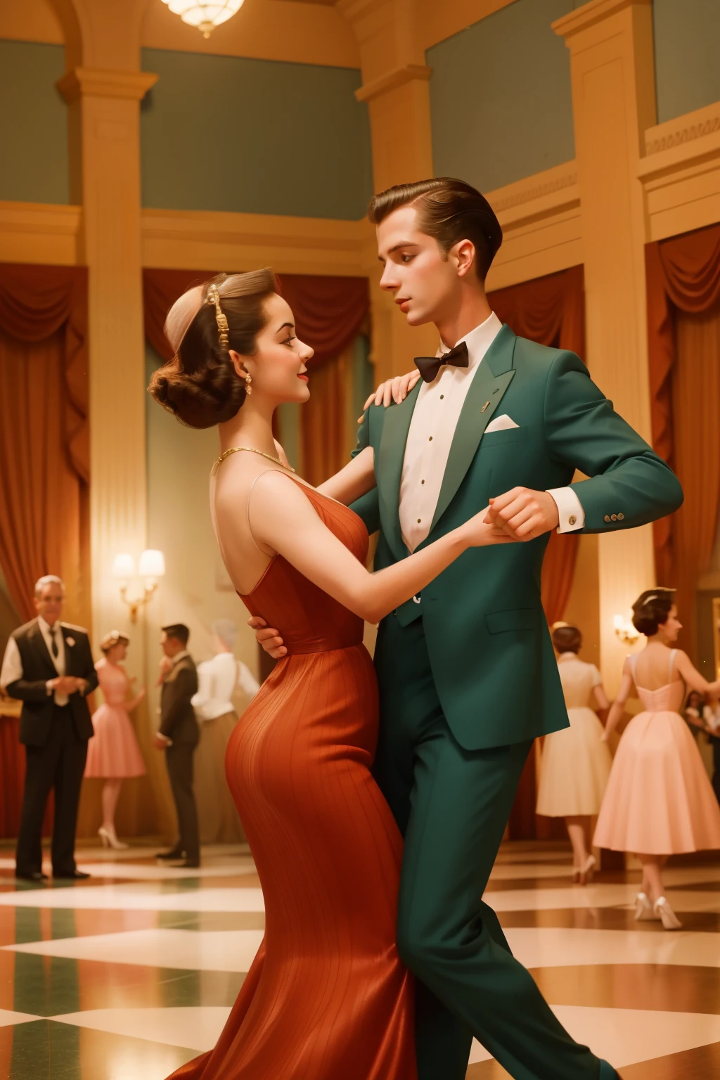 1950s Enchanted Hourglass Dance at the Timekeeper's Ballroom (Location: Timekeeper's Ballroom)
Character: A time-traveling , with an enchanted hourglass, dances in the Timekeeper's Ballroom during the 1950s. Wes Anderson's ballroom palette captures the timeless elegance of the enchanted dance.
