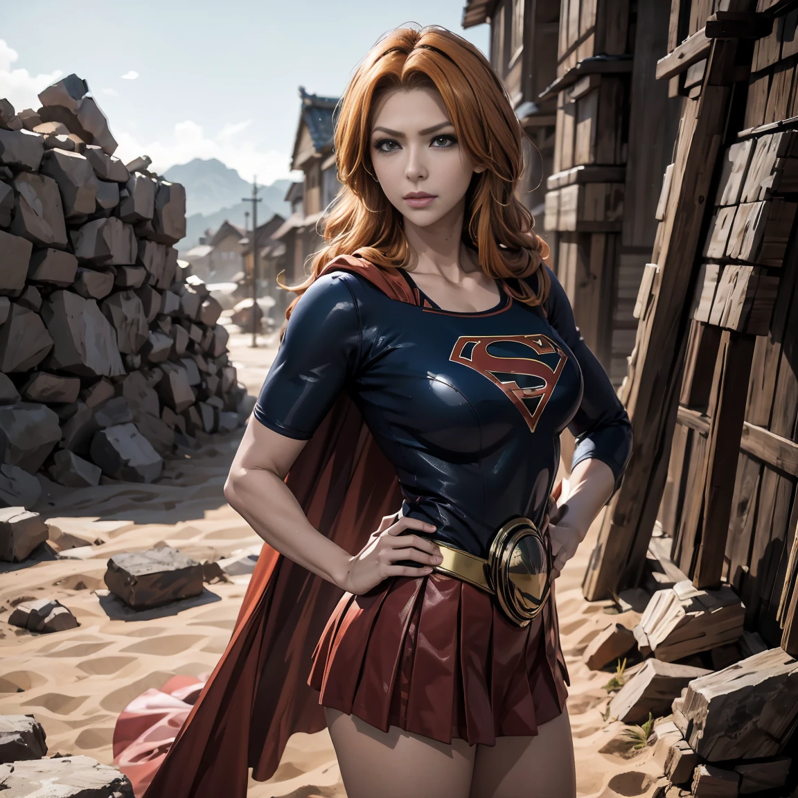 1 girl, matsumoto rangiku, pose de modelo sexy, foto de corpo inteiro, Seios enormes, Fundo da aldeia japonesa, Arte Oficial, orange hair, olhos azuis, cabelos longos, clivagem, cabelos ondulados, Supergirl, red cape, S do super-homem no peito, blue swimsuit, Red skirt, botas vermelhas, sorrir, realismo, master part, pele texturizada, Super Detalhe, High detail, alta qualidade, melhor qualidade, 1080P, 16k, realista, 8k, Cinema 4D, Artgerm extremamente detalhado, [ Arte Digital 4K ]