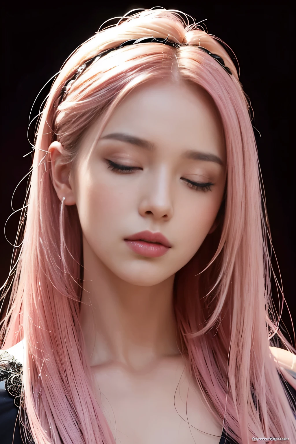 Masterpiece, highest quality, high resolution, solo, beautiful woman with pink hair, close-up view, black background, intricately detailed.
The woman's pink hair cascades down her shoulders in soft, gentle waves, each strand shining under the intense light of the camera. Her eyes are closed, lost in a moment of serene contemplation, their color a deep, captivating brown. The close-up shot reveals the delicate features of her face, the slight curve of her cheekbones, the delicate arch of her eyebrows, and the fullness of her luscious pink lips. The black background adds to the dramatics of the image, making the woman's intricately detailed