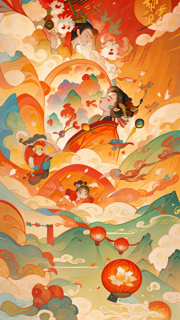 Chinese New Year greeting card,Carry a bag of gifts with you,Gift bag with snacks,clothing,New Year goods,dynamic elements,background: Blue sky and white clouds,5 small hot air balloons,hot air balloon loop,There is a lottery,new year market,new year atmosphere,promotional,Chinese style,exciting illustration, Inspired by Puhua, Huanglongtou Festival, A colorful festival, Inspired by Cao Buxing, Inspired by Gong Xian, Popular topics on cgstation, spectacular view, A beautiful artistic illustration, Inspired by Dong Yuan, 2447, inspired by Zou Yigui,chinese new year poster design with a dragon and people, poster illustration, A beautiful artistic illustration, illustrated poster, painted illustration poster, digital illustration poster, poster design, japanese inspired poster, flat illustration, More detailed illustrations, poster, Chinese heritage, Colorful illustrations, 2d matte illustration, 8 hours, Best adobe stock,best quality, masterpiece, ultra high resolution
