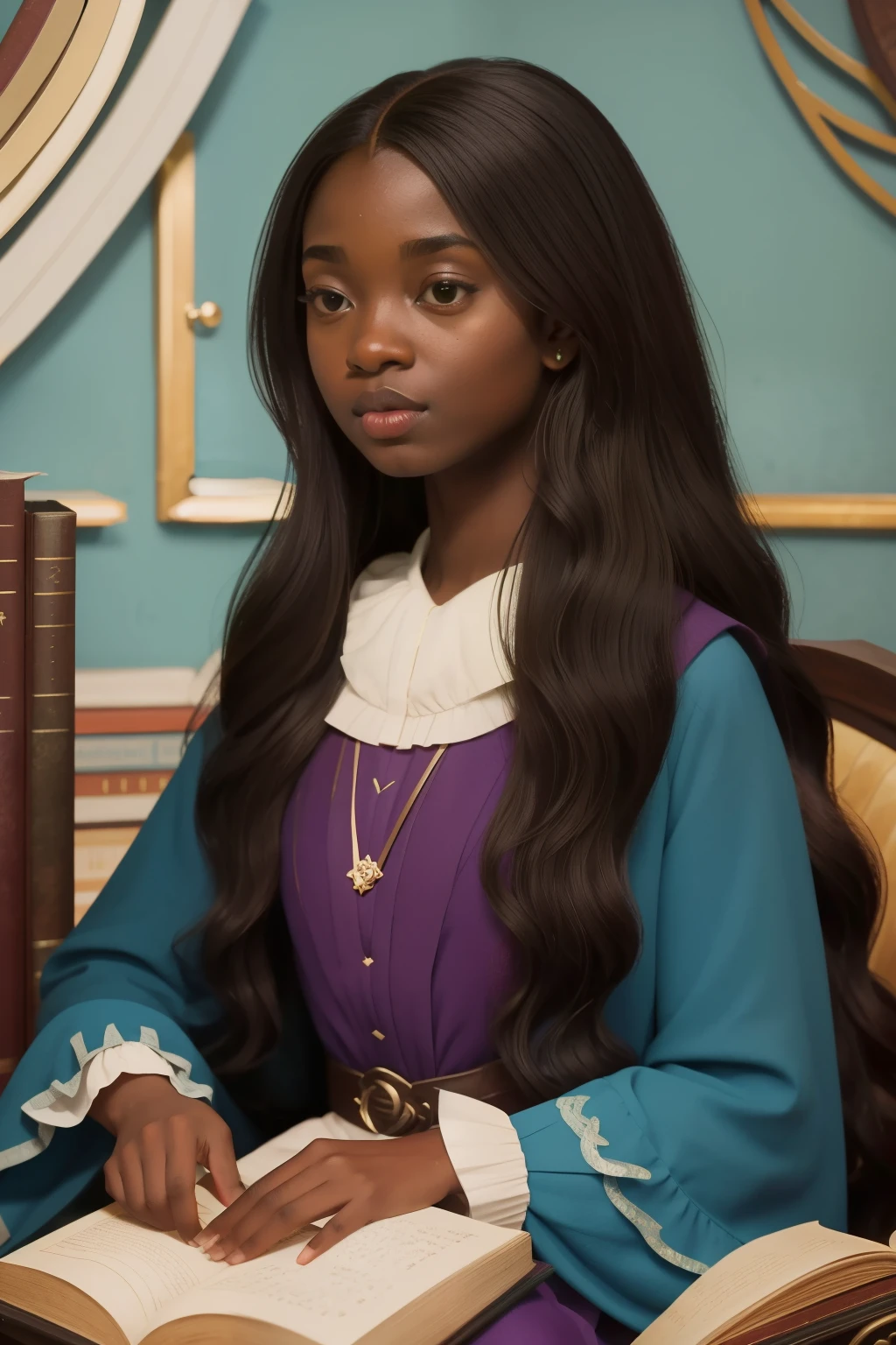 1670s Mystical Book Club in the Whispering Library (Location: Whispering Library)
Character: A bookish , with cascading ebony hair, leads a mystical book club discussion in the whispering library during the 1670s. Wes Anderson's library palette captures the enchantment of literary conversations.