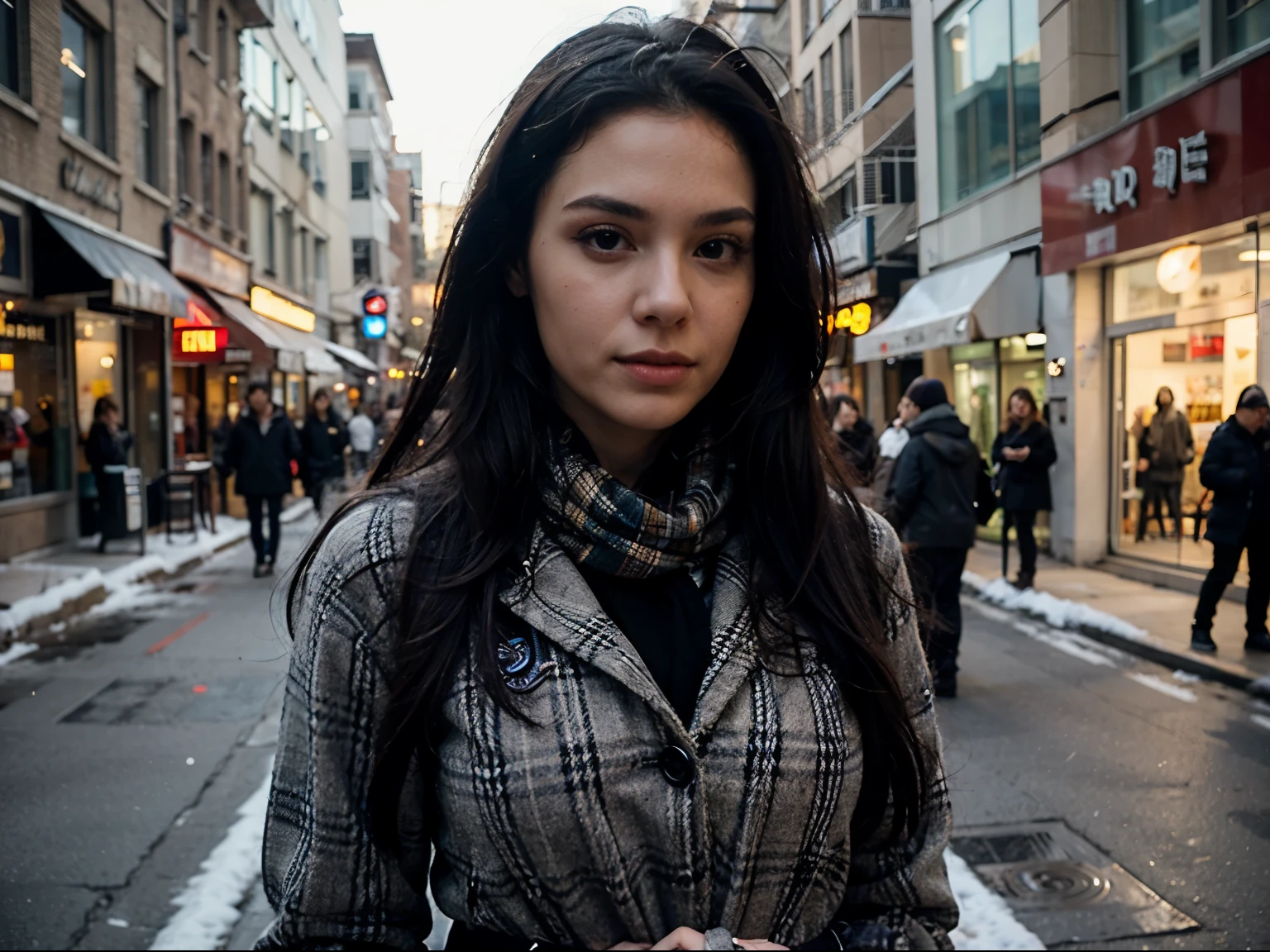 ((best quality)), ((masterpiece)), (detailed), perfect face , long black hair , waist shot , half body , street , winter