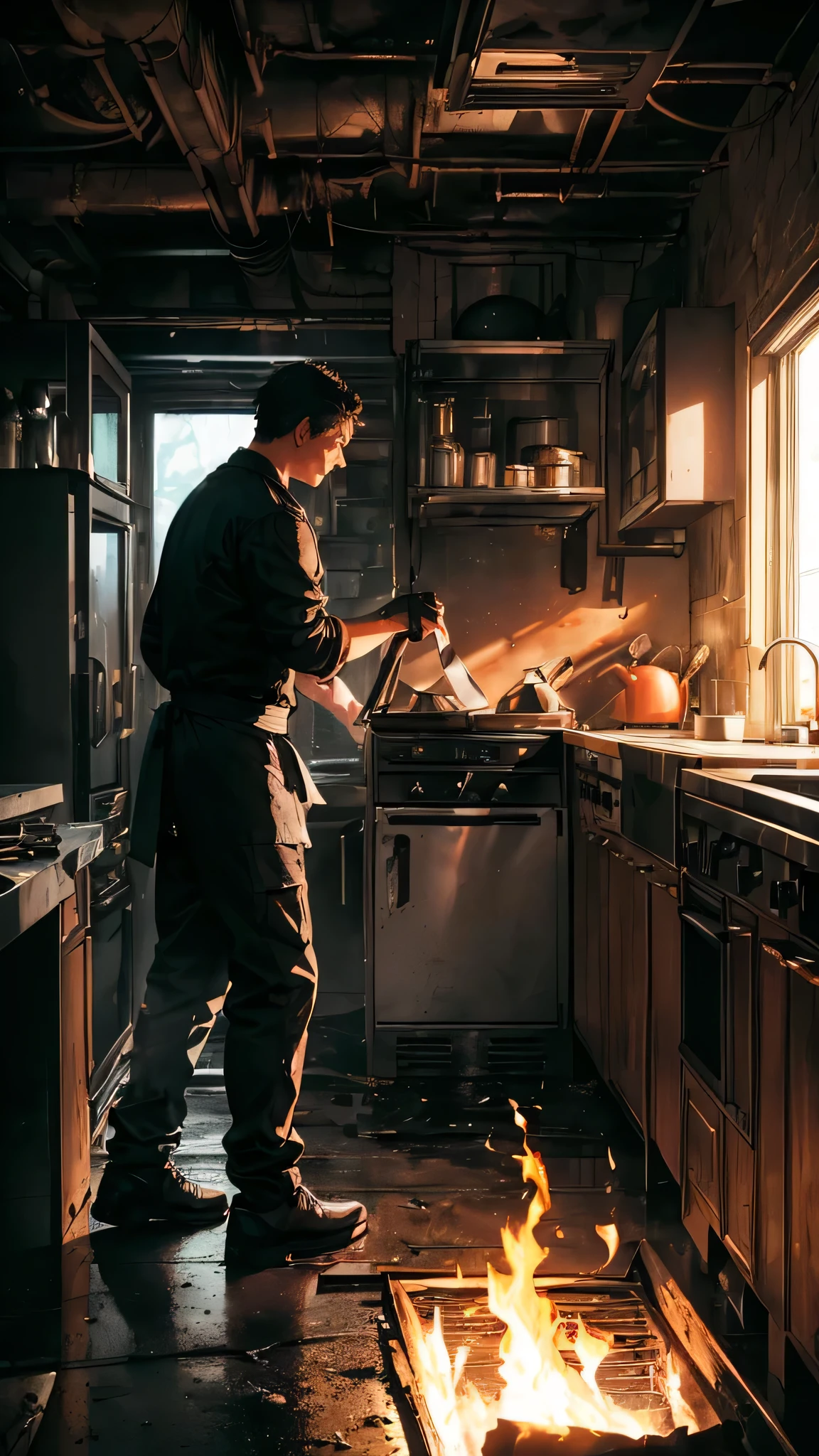 (Horizontal light and shadow, ultra high definition, higher, super detailed,Restaurant dilapidated kitchen on fire,masterpiece,many details),((modern night,1.2))，Inside the fire scene，((a man,Hidden in the metal cabinet below,1.5))，horrified expression，Face full of black and gray，All around are flames and heat waves，panoramic