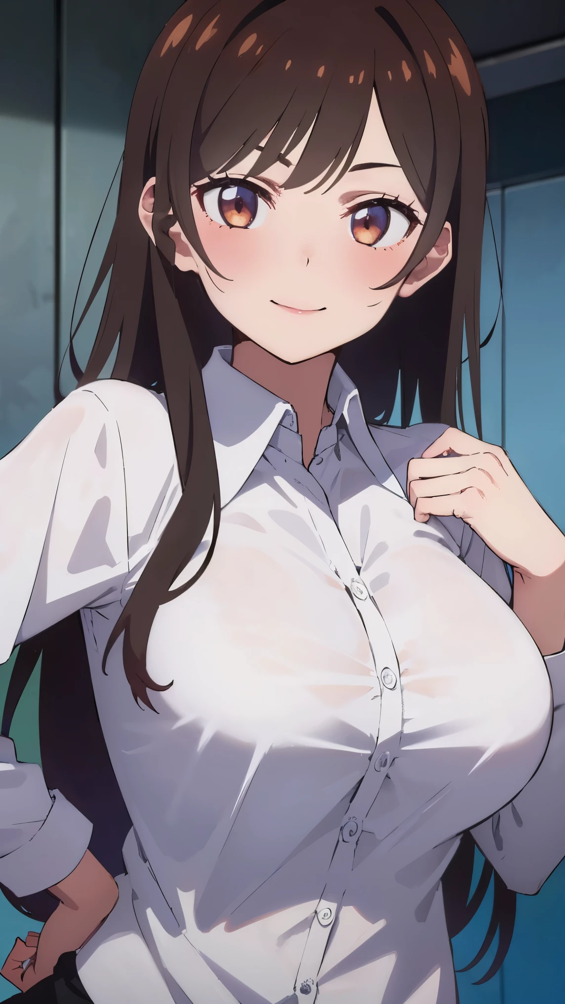 (((pixel-perfect, detail-perfect))), solo, 1girl, chizuru ichinose, big boobs, (white collared shirt :1.3), looking at viewer, smile, standing, upper body: 1.1