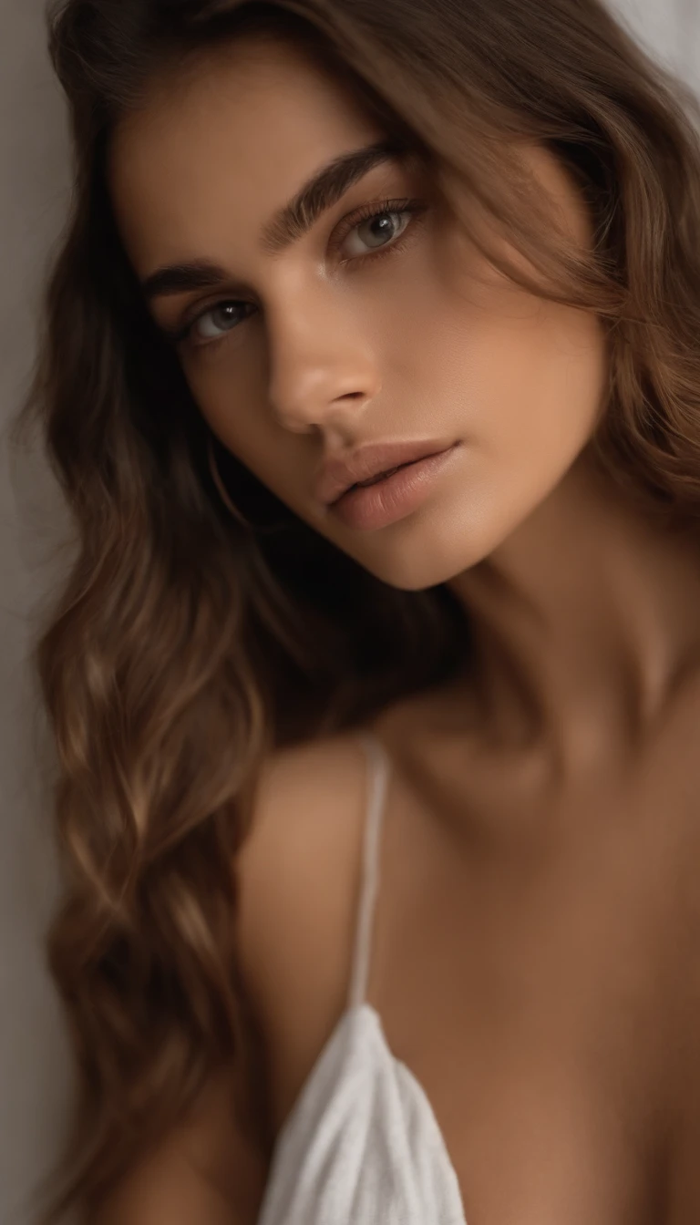 Arafed woman with visible bare breasts suitable naked nude , Kukami keeps small hair and panties, Garota sexy com olhos castanhos, Retrato de Kaia Gerber , cabelos castanhos e olhos grandes, selfie de uma jovem, olhos do quarto, Violeta Myers, sem maquiagem, Maquiagem natural, looking directly at the camera, como enganar artgram, maquiagem fina, Impressive long-range shot, No quarto, decote, solid, , coxas grandes , 