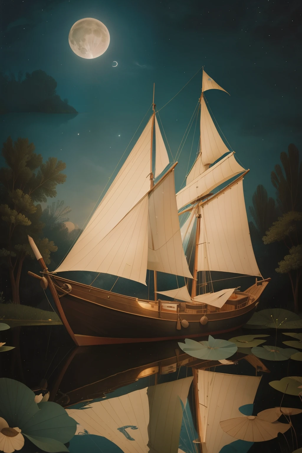 1770s Celestial Sailing on the Moonlit Pond (Location: Moonlit Pond)
Character: An adventurous tween, with silver-streaked hair, sails a celestial boat on the moonlit pond during the 1770s. Wes Anderson's pond palette illuminates the scene with otherworldly radiance.