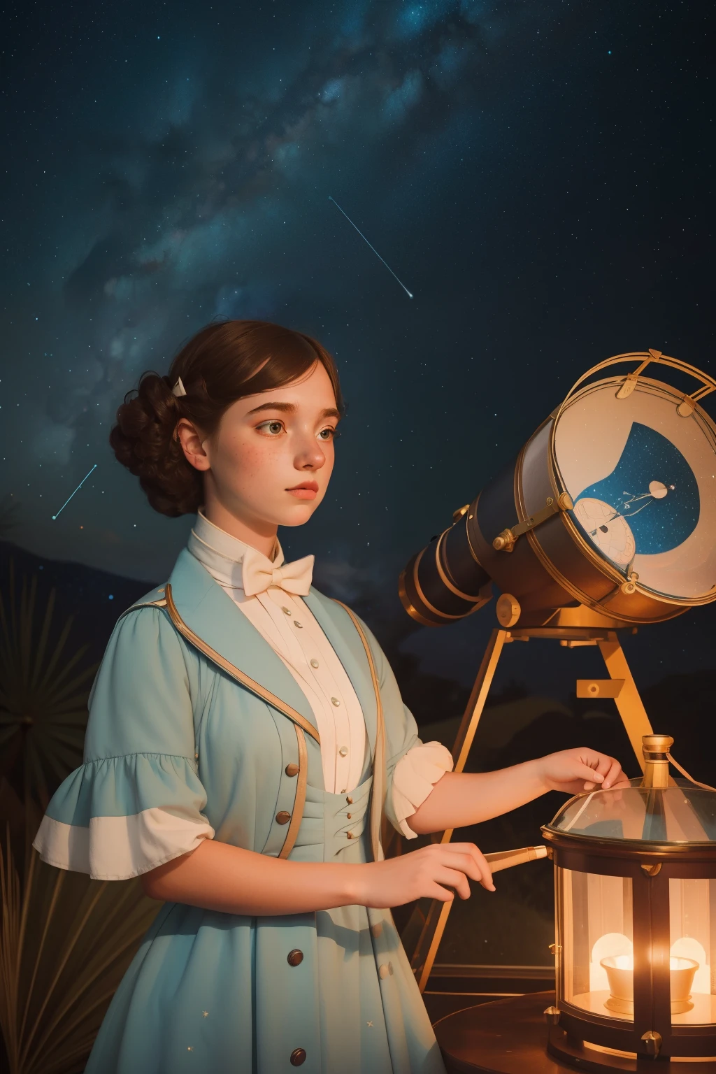1820s Stargazing Contest in the Enchanted Observatory (Location: Enchanted Observatory)
Character: A dreamy , with constellation freckles, participates in a stargazing contest in the enchanted observatory during the 1820s. Wes Anderson's observatory palette paints a scene of cosmic competition.