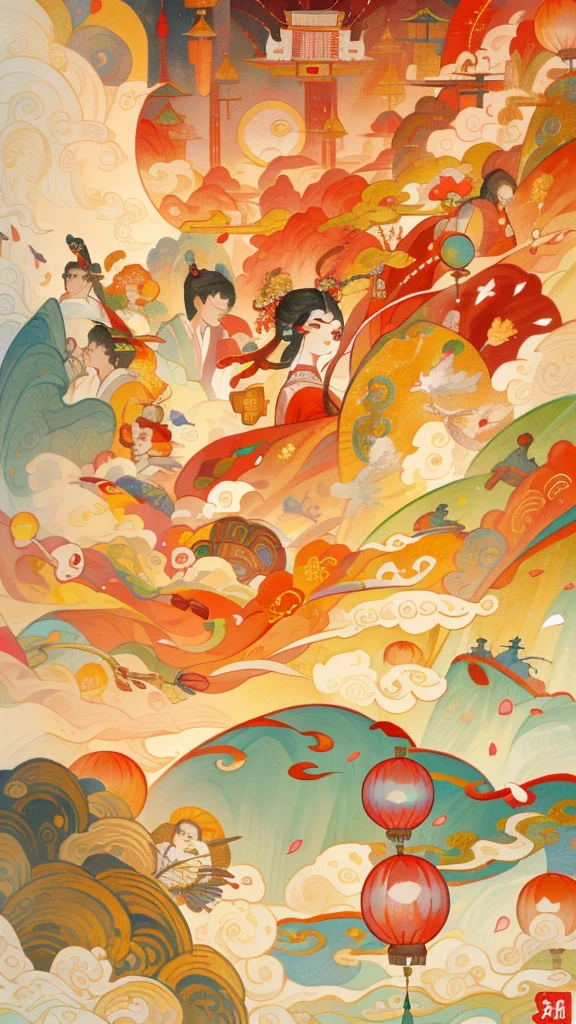 Chinese New Year greeting card，Carry a bag of gifts with you，Gift bag with snacks，clothing，New Year goods，dynamic elements，background: Blue sky and white clouds，5 small hot air balloons，hot air balloon loop，There is a lottery，new year market，new year atmosphere，promotional，Chinese style，exciting illustration, Inspired by Puhua, Huanglongtou Festival, A colorful festival, Inspired by Cao Buxing, Inspired by Gong Xian, Popular topics on cgstation, spectacular view, A beautiful artistic illustration, Inspired by Dong Yuan, 2447, inspired by Zou Yigui，chinese new year poster design with a dragon and people, poster illustration, A beautiful artistic illustration, illustrated poster, painted illustration poster, digital illustration poster, poster design, japanese inspired poster, flat illustration, More detailed illustrations, poster, Chinese heritage, Colorful illustrations, 2d matte illustration, 8 hours, Best adobe stock，best quality, masterpiece, ultra high resolution