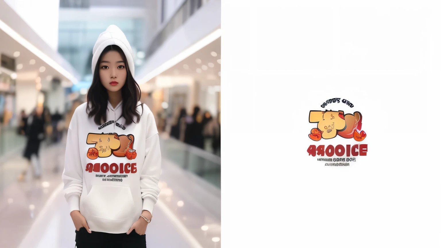 A stylish young Asian woman wearing a white hoodie,(The hoodie has a pattern printed on the front),Show full body shot against shopping mall background,32k uhd,The right side is a display of the pattern.,flat illustration,The pattern is the same as the one on the hoodie