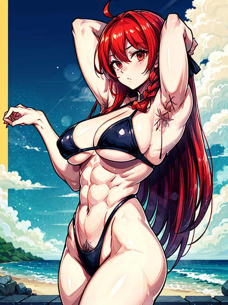 (((masterpiece、Highest image quality、highest quality、highly detailed unity 8kwallpaper)))、((Illustration of one girl))、(((beautiful girl)))、((red hair、Braid、sidelocks:1.2、red eyes))、(((stocky build:1.2, thickset physique:1.3, muscular legs, broad shoulders:1.3, solid chest:1.2)))、(((Red hair、hairy armpits:1.4)))、(armpit hair:1.4)、swimsuit、sandy beach