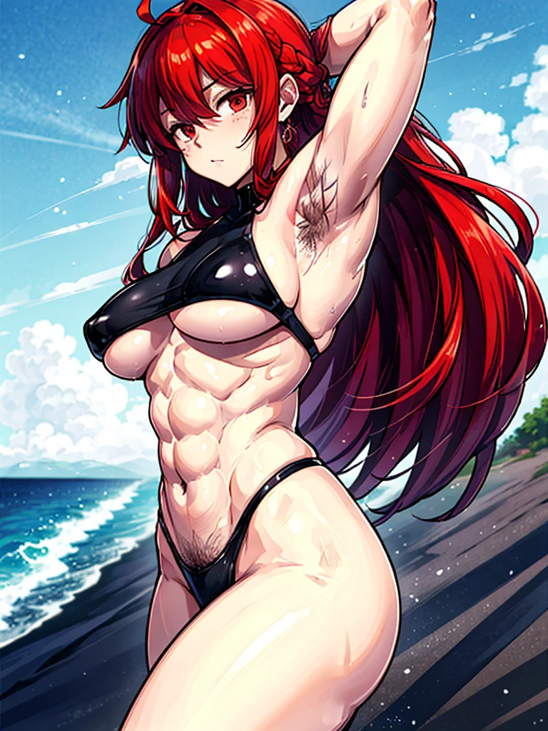 (((masterpiece、Highest image quality、highest quality、highly detailed unity 8kwallpaper)))、((Illustration of one girl))、(((beautiful girl)))、((red hair、Braid、sidelocks:1.2、red eyes))、(((stocky build:1.2, thickset physique:1.3, muscular legs, broad shoulders:1.3, solid chest:1.2)))、(((Red hair、hairy armpits:1.4)))、(armpit hair:1.4)、swimsuit、sandy beach