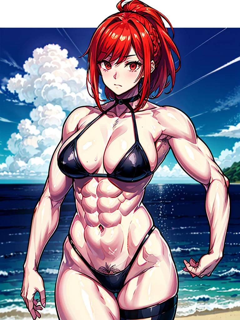 (((masterpiece、Highest image quality、highest quality、highly detailed unity 8kwallpaper)))、((Illustration of one girl))、(((beautiful girl)))、((red hair、Braid、sidelocks:1.2、red eyes))、(((stocky build:1.2, thickset physique:1.3, muscular legs, broad shoulders:1.3, solid chest:1.2)))、(((Red hair、hairy armpits:1.4)))、(armpit hair:1.4)、swimsuit、sandy beach