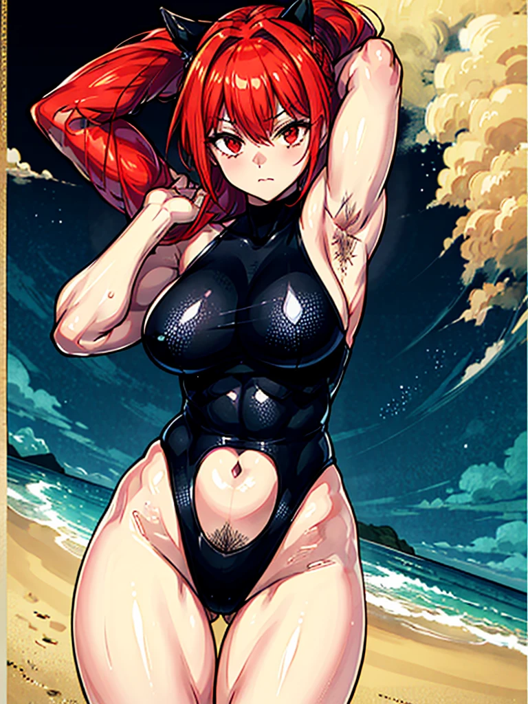 （（（masterpiece、Highest image quality、highest quality、highly detailed unity 8ｋwallpaper）））、（（Illustration of one girl））、（（（beautiful girl）））、（（red hair、Braid、sidelocks：1.2、red eyes））、（（（stocky build：1.2, thickset physique：1.3, muscular legs, broad shoulders：1.3, solid chest：1.2）））、（（（Red hair、hairy armpits：1.4）））、(armpit hair:1.4)、swimsuit、sandy beach